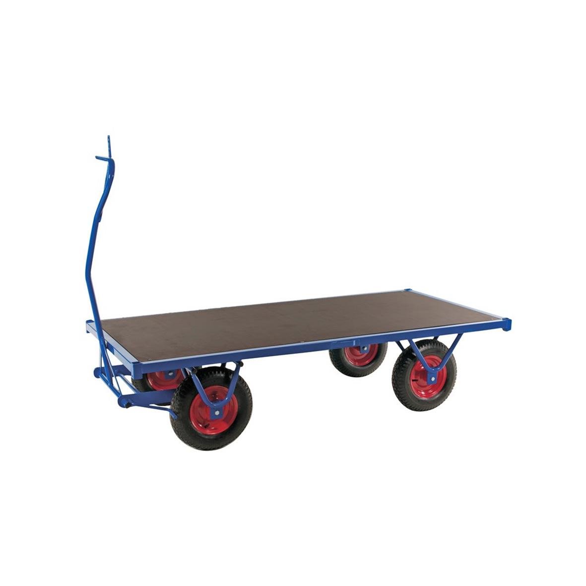 Blå flakvagn med broms, luftgummihjul, mått 200x100x46cm