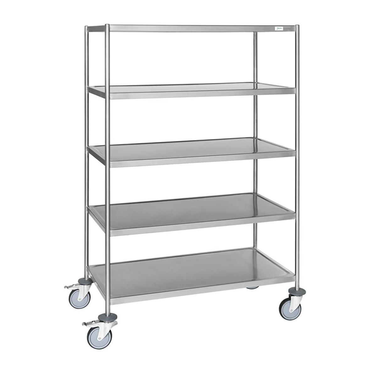 Rullbord med 5 hyllplan i rostfritt stål utan handtag och hjul