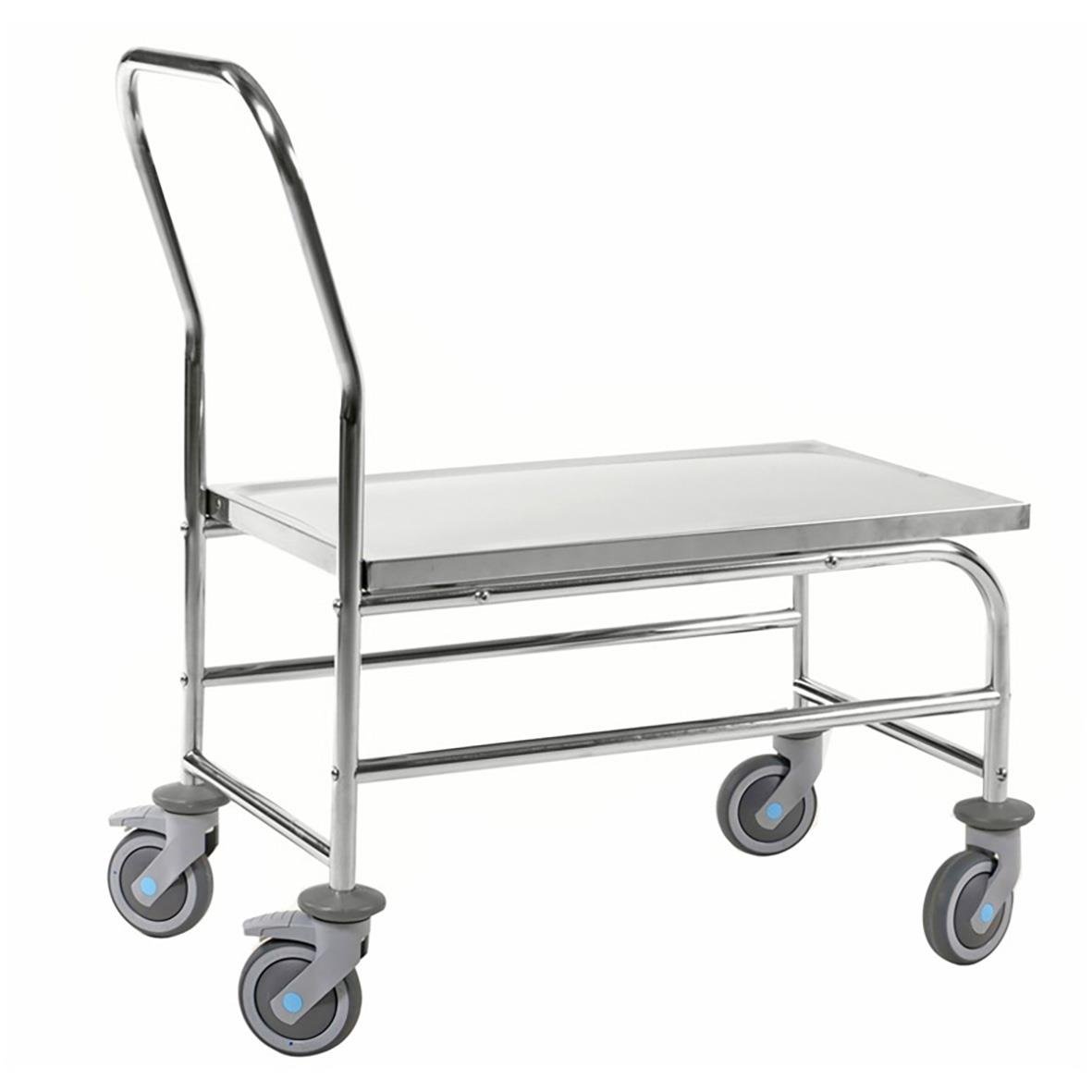 Bordsvagn med plan i rostfritt stål och hjul för transport