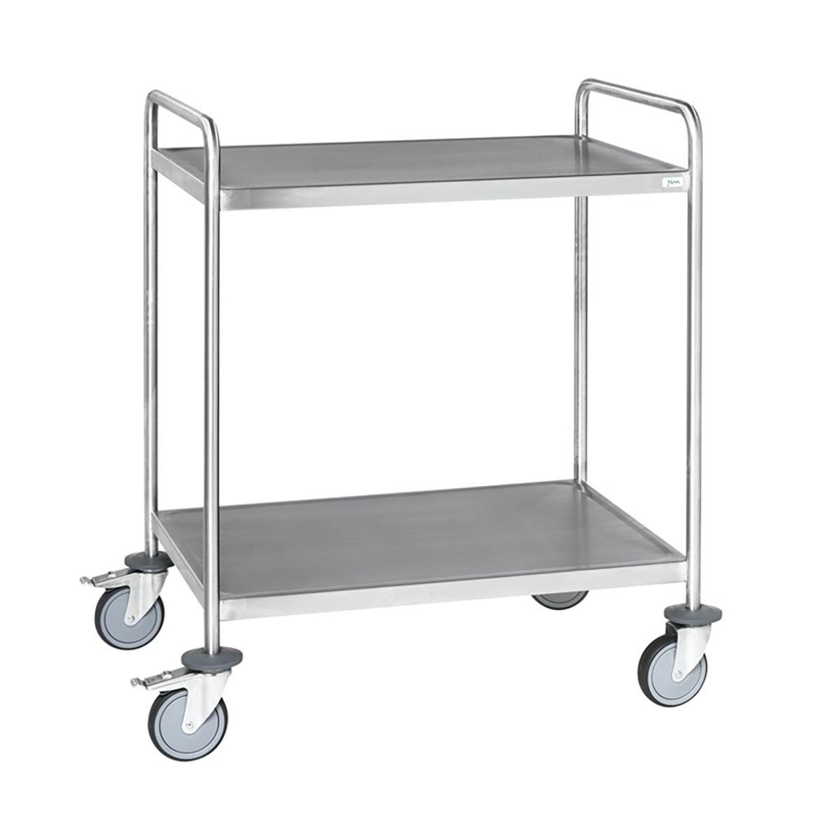 Rostfri bordsvagn med två hyllor, handtag och hjul för enkel förflyttning