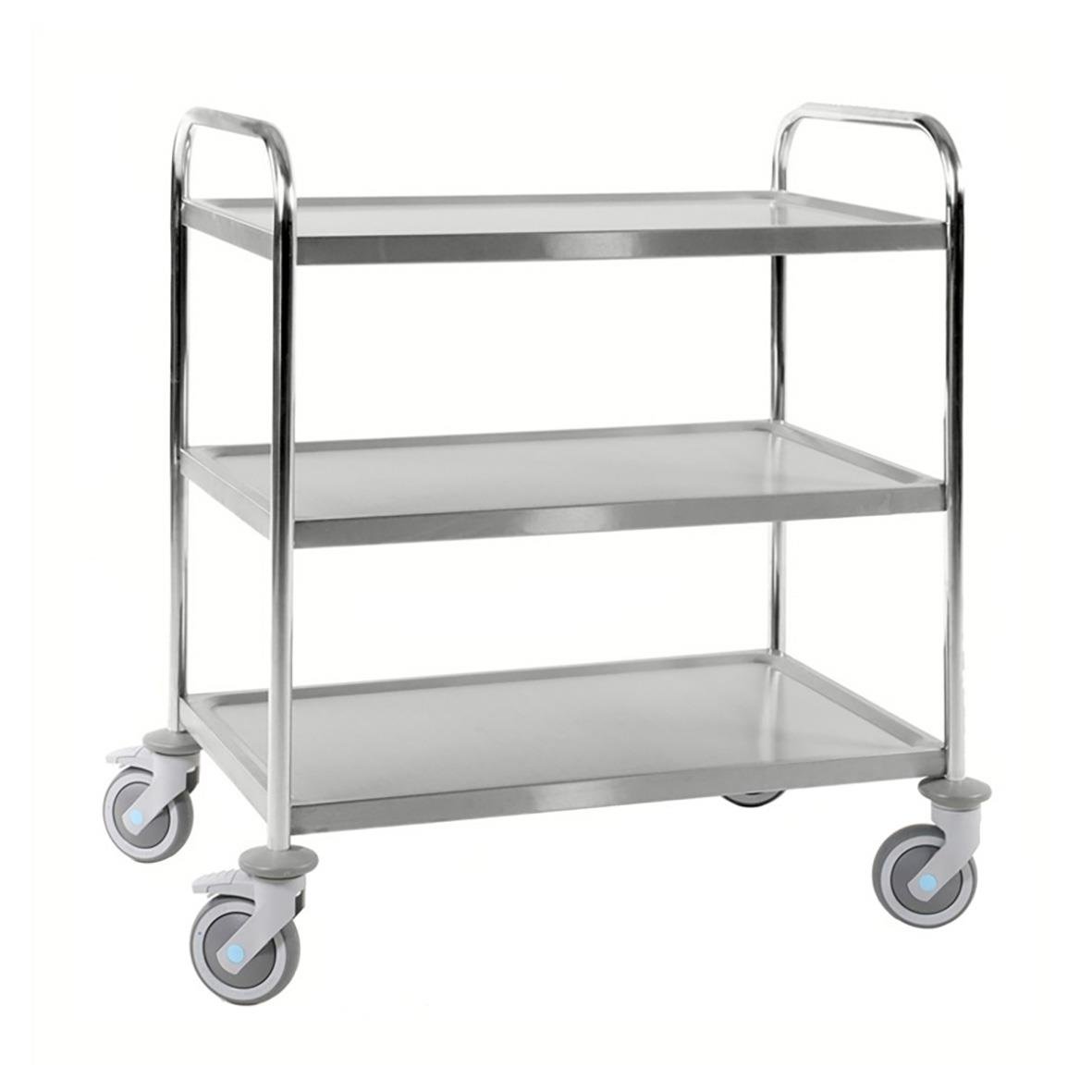 Bordsvagn med tre hyllor i rostfritt stål, mått 825x500mm, med hjul för enkel flytt