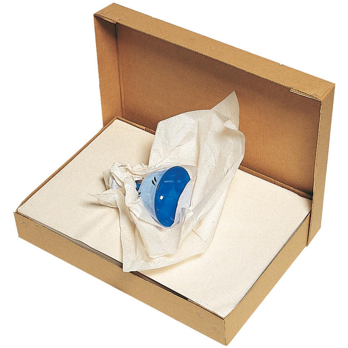 Vitt silkespapper 45x60cm i öppen kartong med blå och vit förpackning