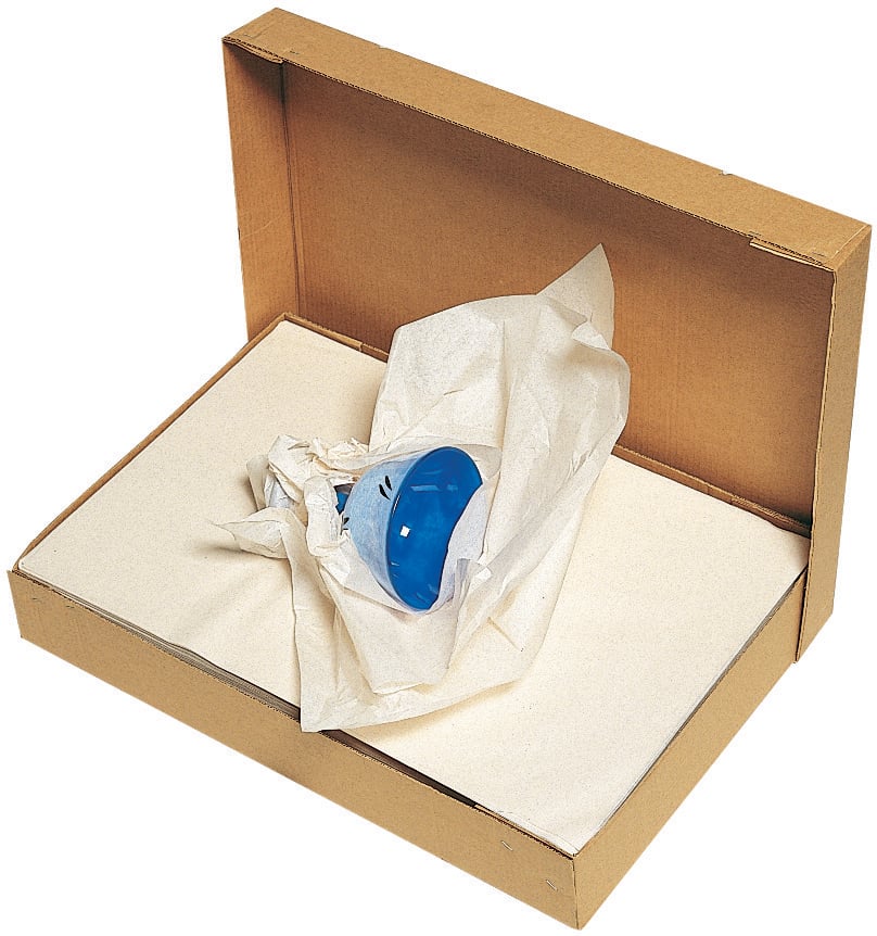 Vitt silkespapper 45x60cm i öppen kartong med blå och vit förpackning