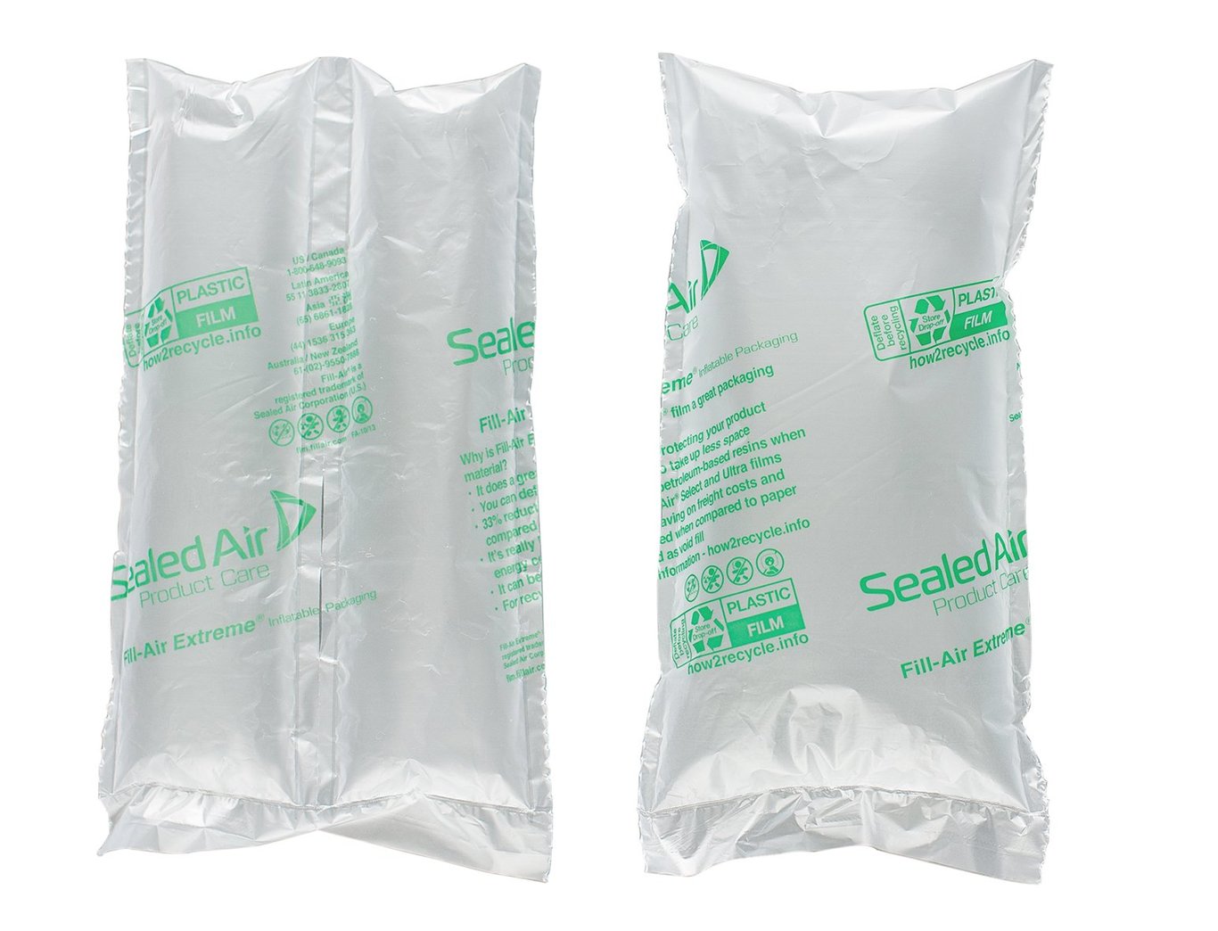 Två perforerade luftfyllda plastpåsar med gröna etiketter, storlek 200mm x 1280m, förslutna och vikta