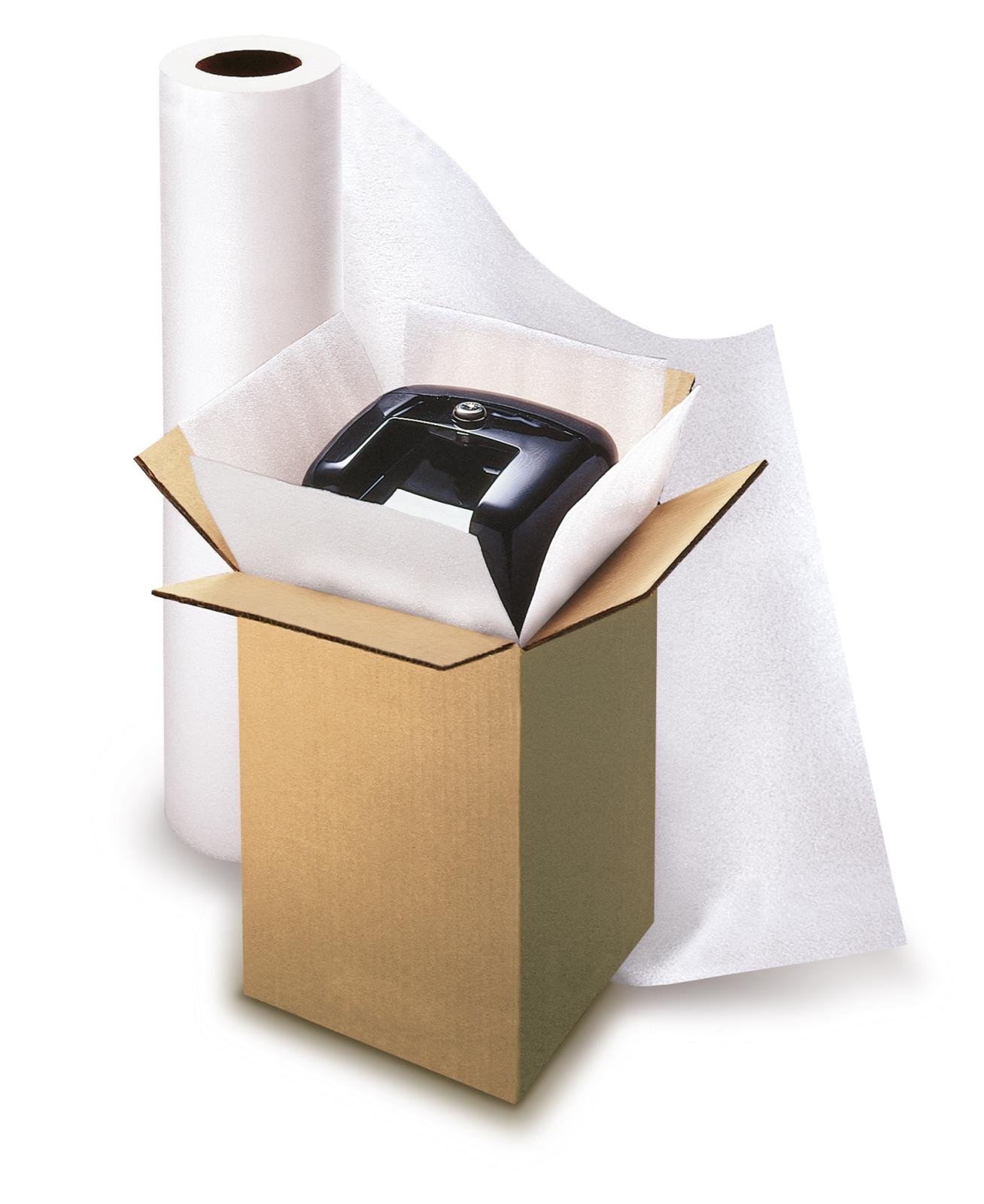 Skummad polyetenfolie Cellaire 1mm, 30cm x 300m, i öppen kartong med maskin och rulle