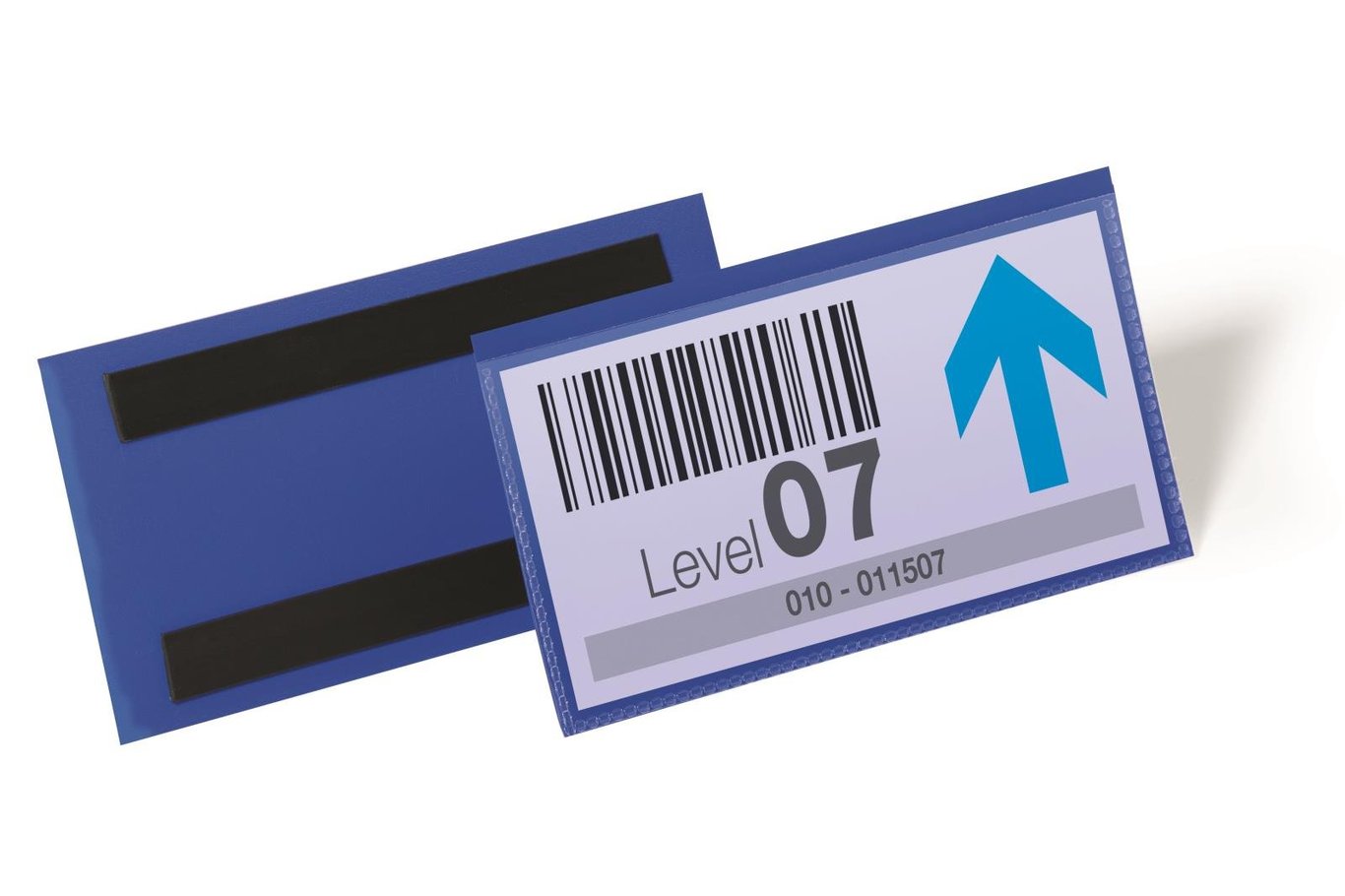 Blå magnetisk etikettbärare med barcode och pil, storlek 150x67mm