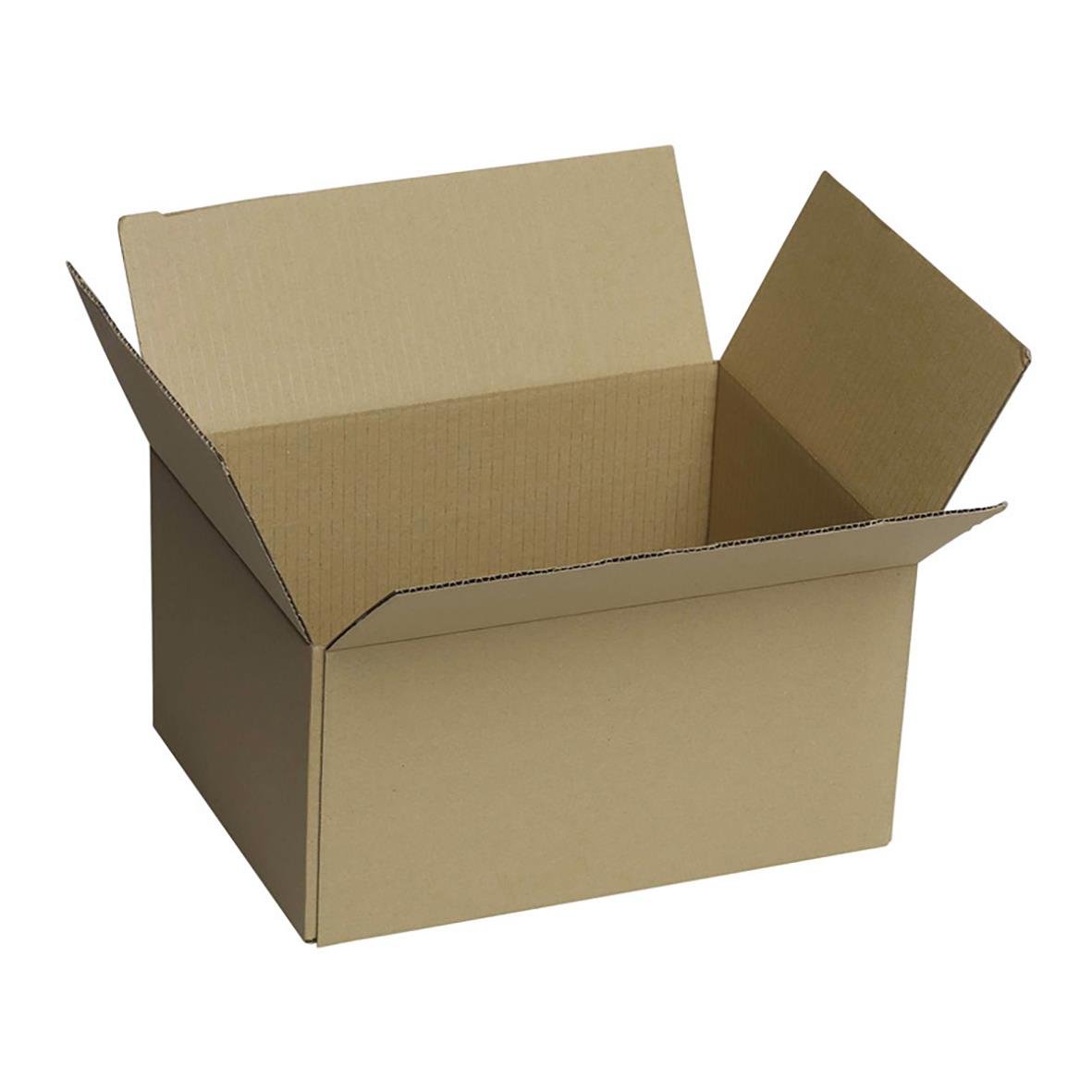 Öppen brun kartonglåda med öppnade lockar, mått 390x290x150mm, 15kg kapacitet