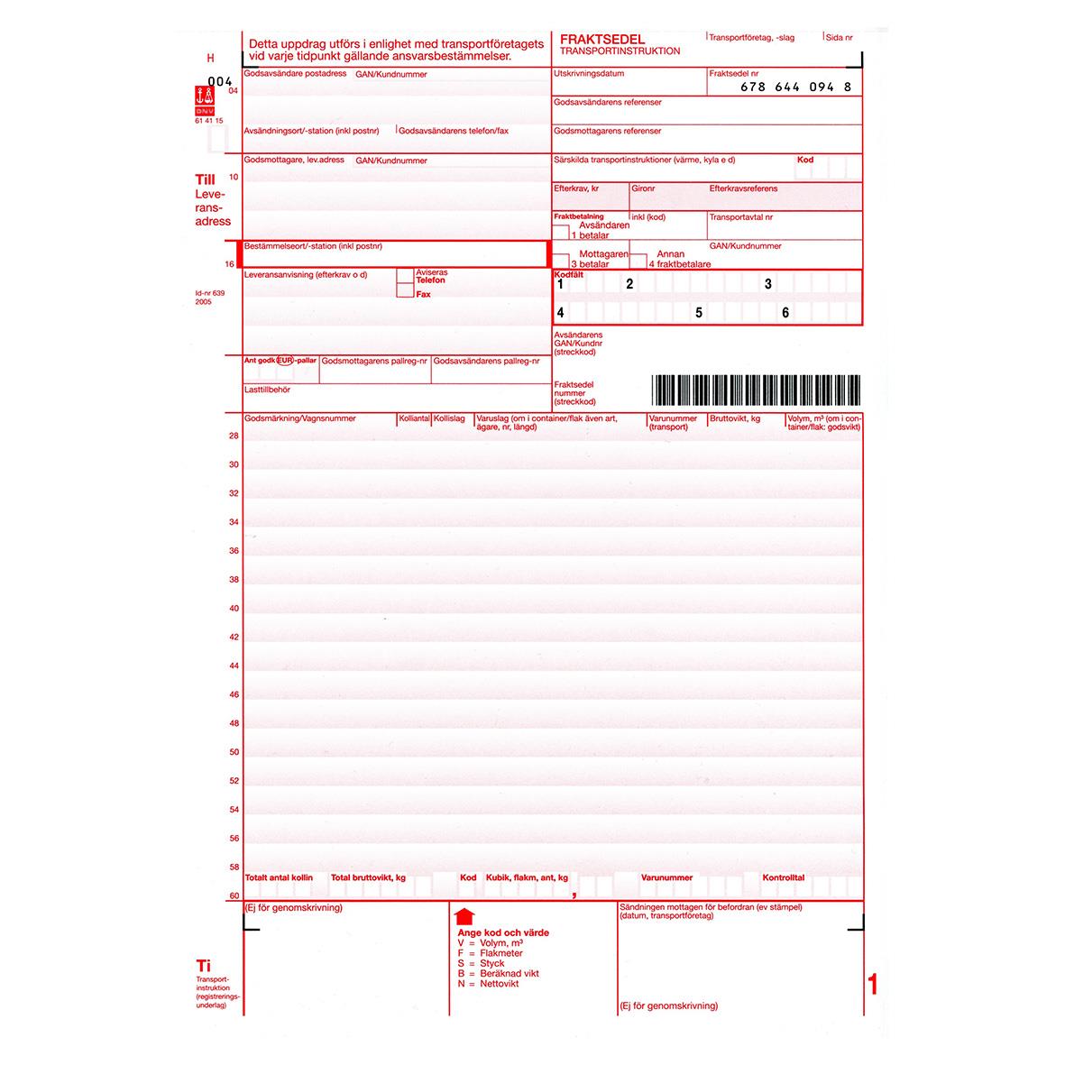 Blankett för fraktsedel med stamsats och numrerad layout