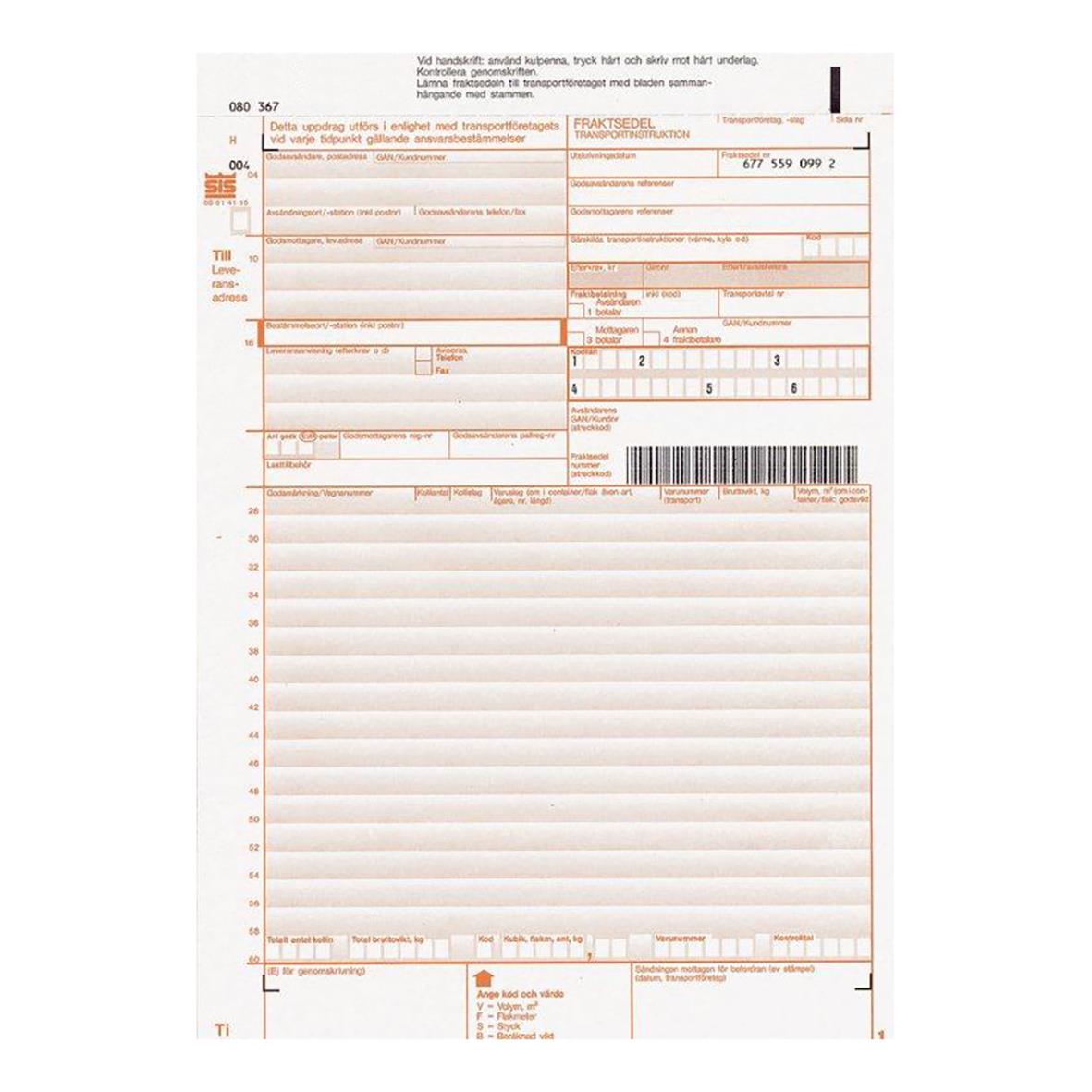Blankett för fraktsedel stamsats fs701.1sa med fält för avsändare, mottagare och paketinformation