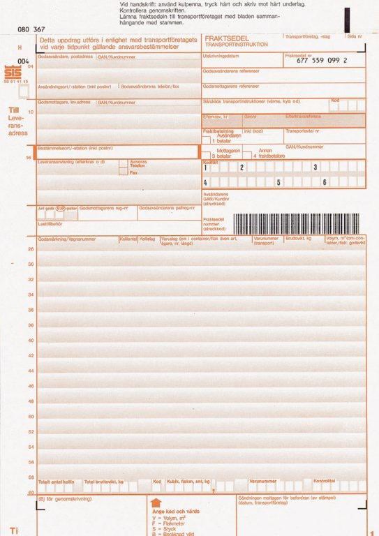 Blankett för fraktsedel med stamsats fs701.1sa, innehåller fält för avsändare, mottagare och fraktinformation