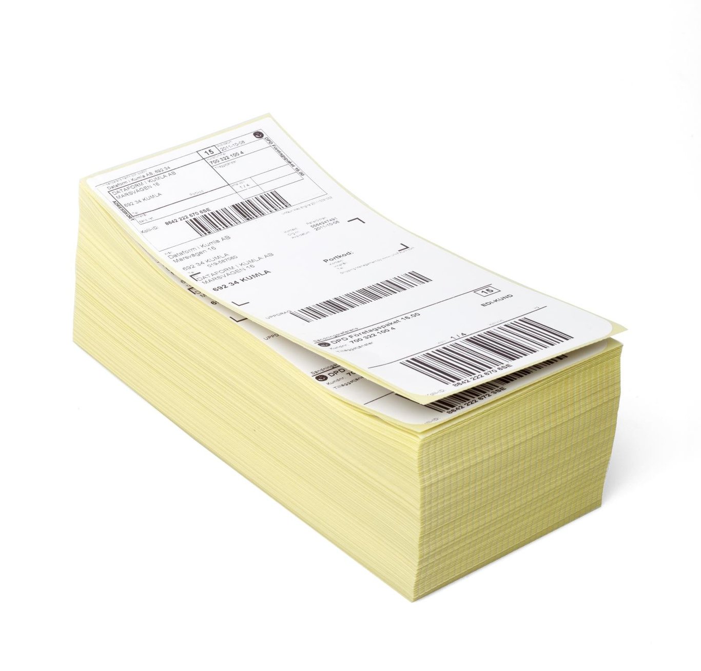 Transportetiketter Termo Falsad 105x220mm i en hög stapel