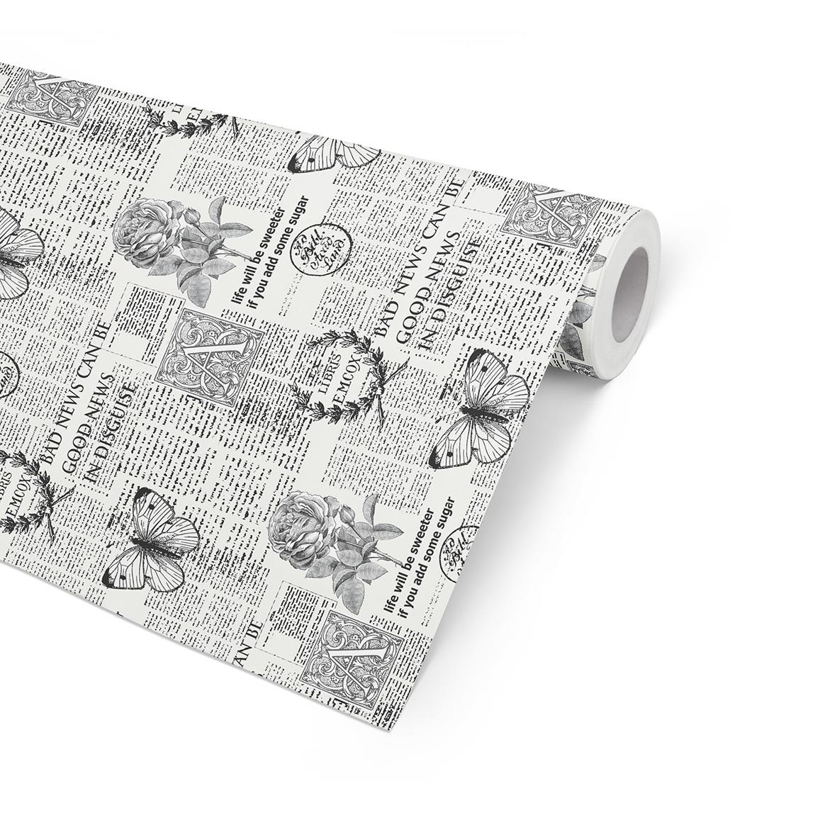 Presentpapper Good News ribbad kraft med tidnings- och fjärilsmotiv, 57cm x 154m, 7kg