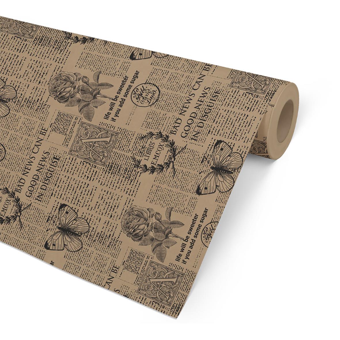 Presentpapper Good News ribbad kraft med tidnings- och fjärilsmotiv, 57cm x 154m, 7kg