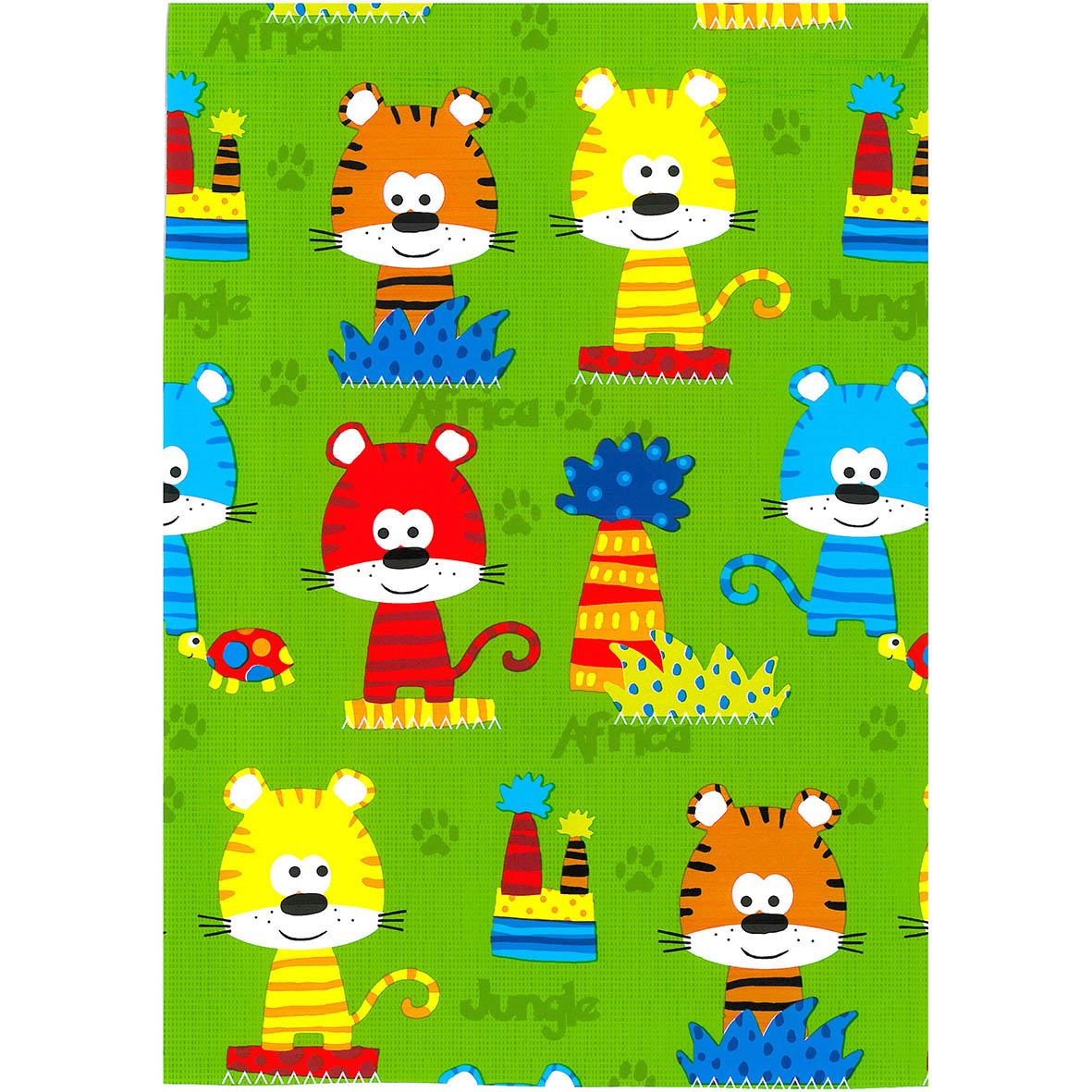 Presentpapper med tiger- och zebramotiv i klara färger på grönt bakgrund