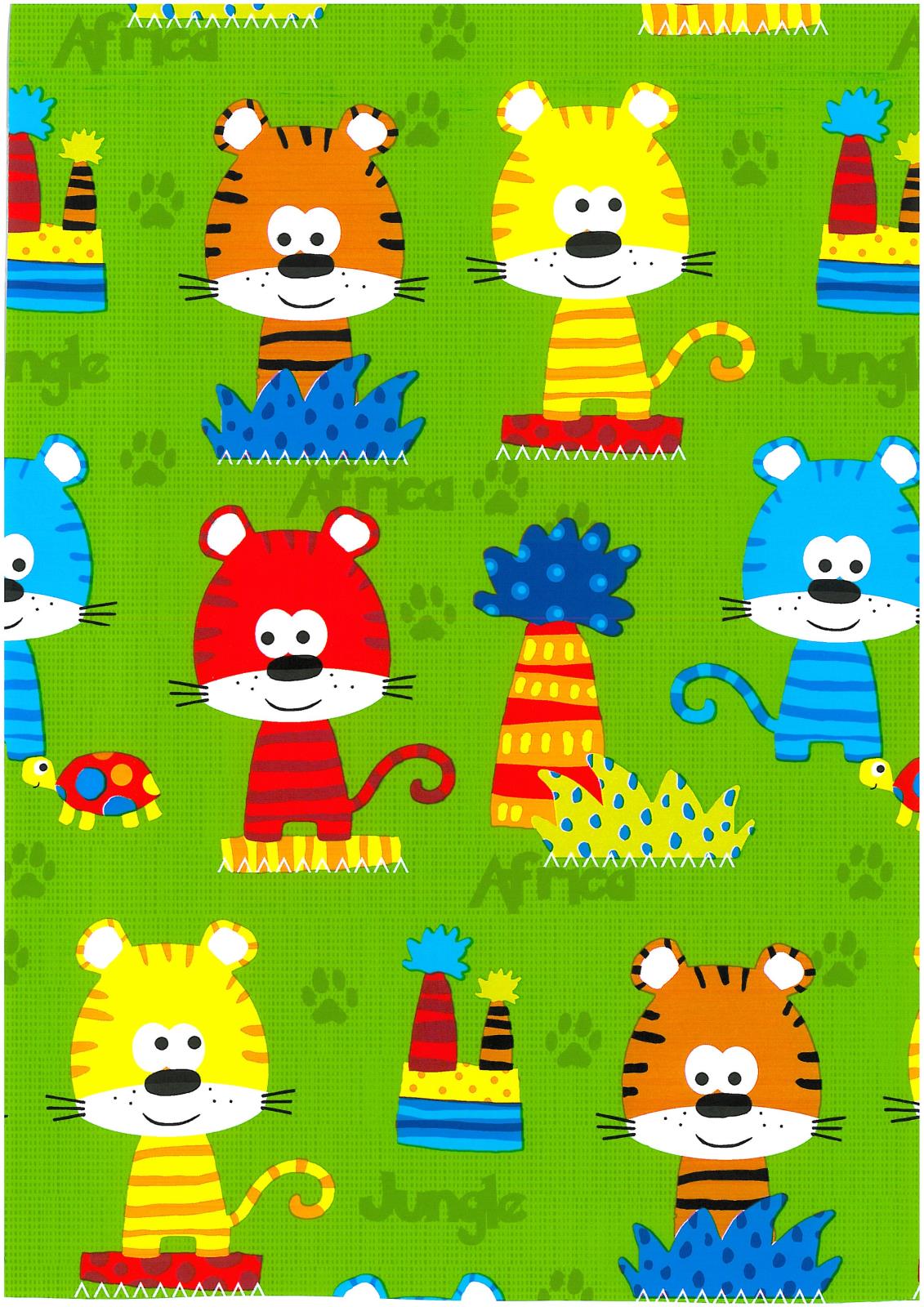 Presentpapper med tiger- och zebramotiv i klara färger på grönt bakgrund