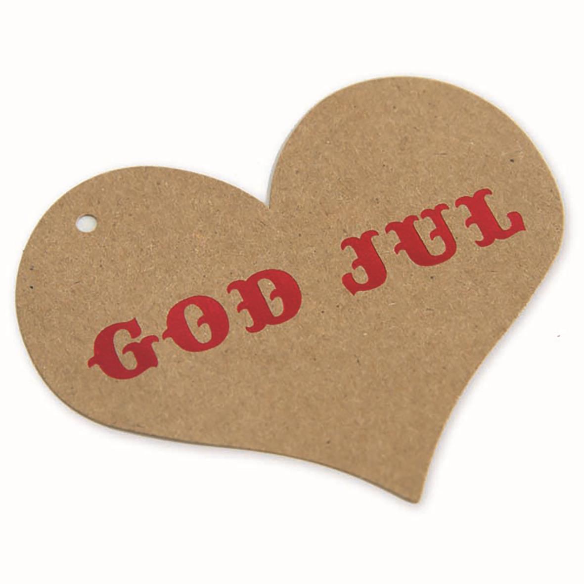 Hängetikett i form av ett hjärta med texten God Jul i rött, kraftpapper