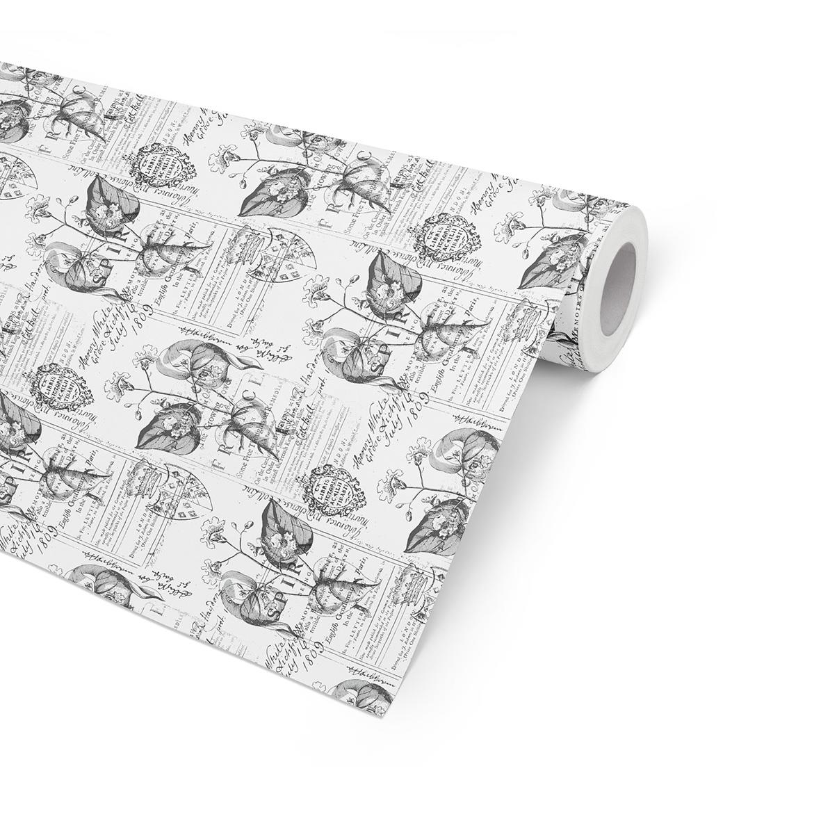 Presentpapper Botanic FSC 57cm x 154m med blommönster i svart och vitt