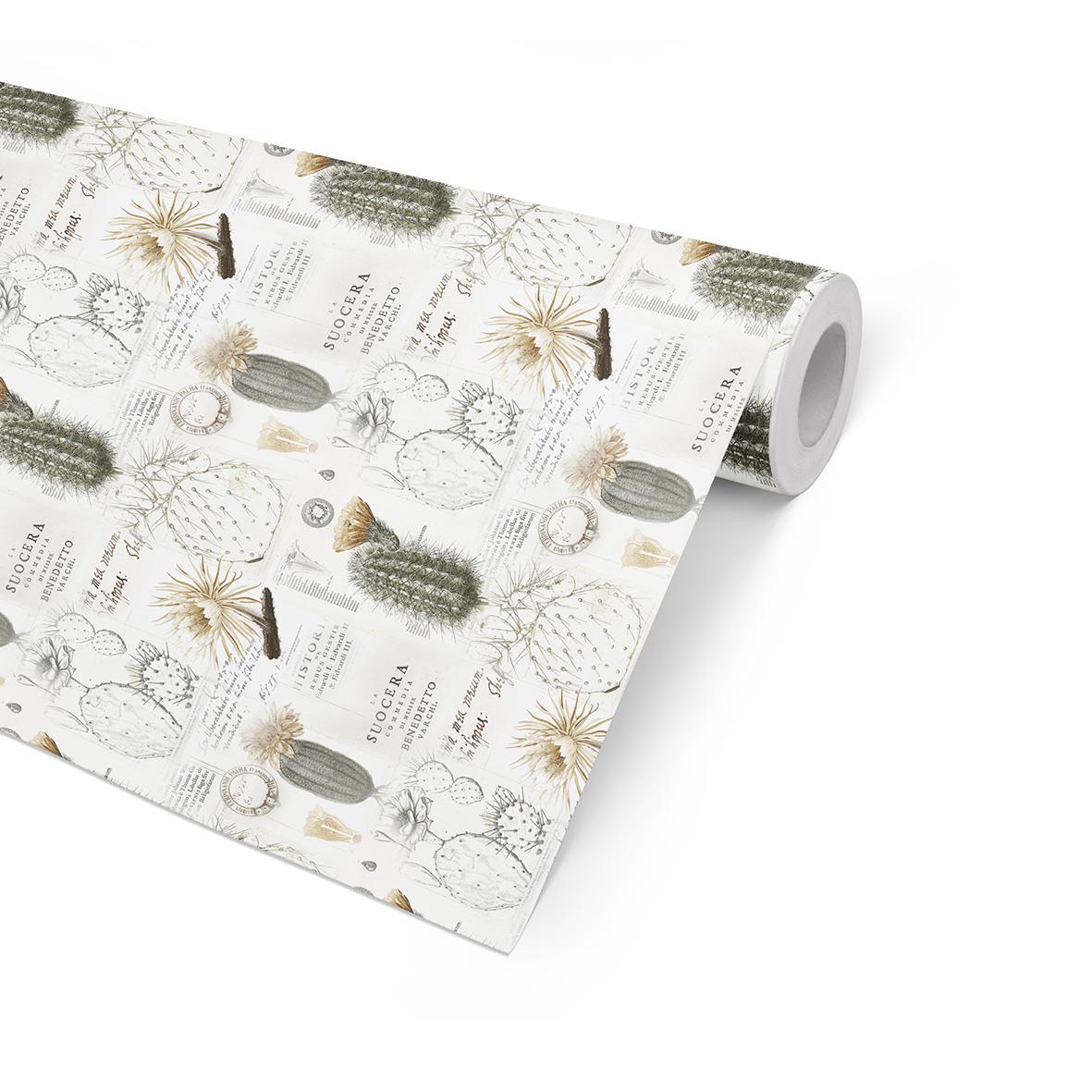 Presentpapper med kaktusmotiv i beige och grå toner, FSC-märkt, 57cm bred och 154m lång