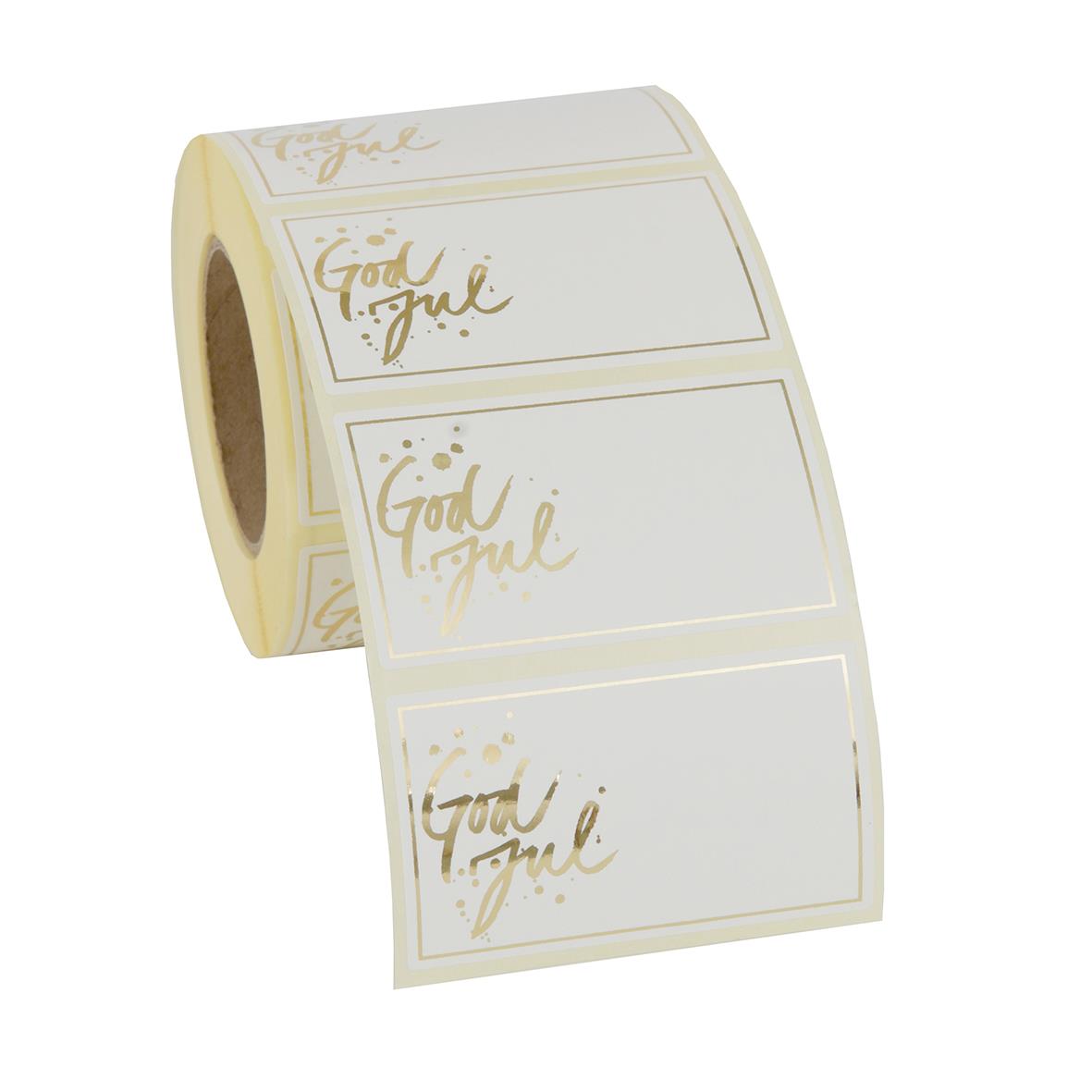 Självhäftande guldfärgade God Jul-etiketter på rulle, 60 x 35 mm