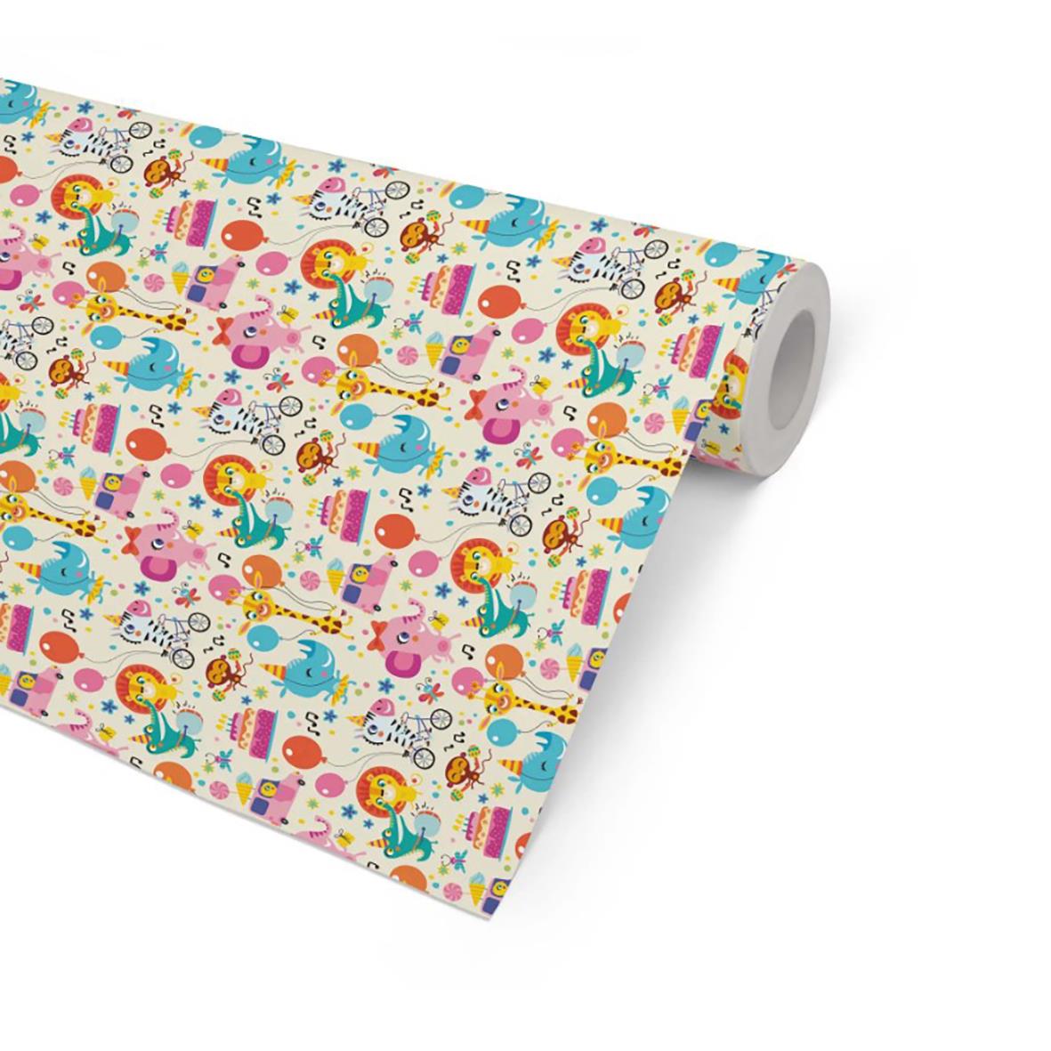 Färggatt presentpapper med lejon, bilar och ballonger, 57cm bred och 154m långt