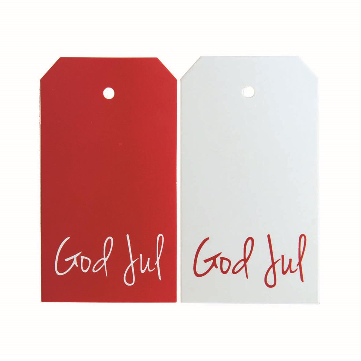 Två julklappsetiketter, en rödfärgad och en vit, med texten God Jul skrivna i vitt respektive rött.