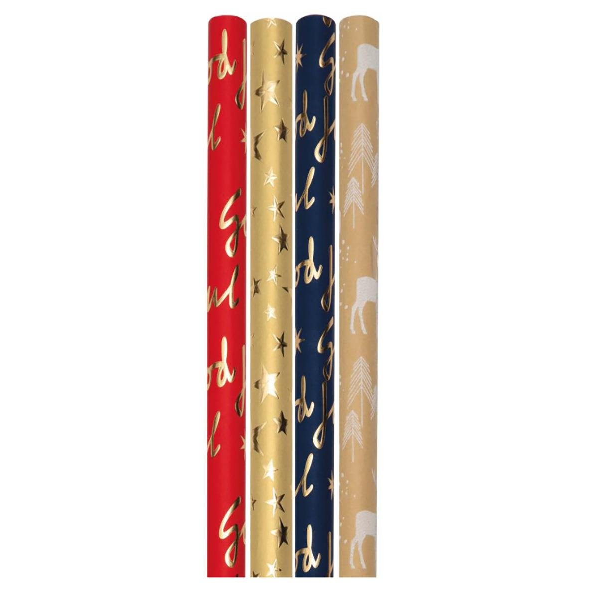 Julpapper Premium Mix med röda, guld, blå och beige mönster med julmotiv