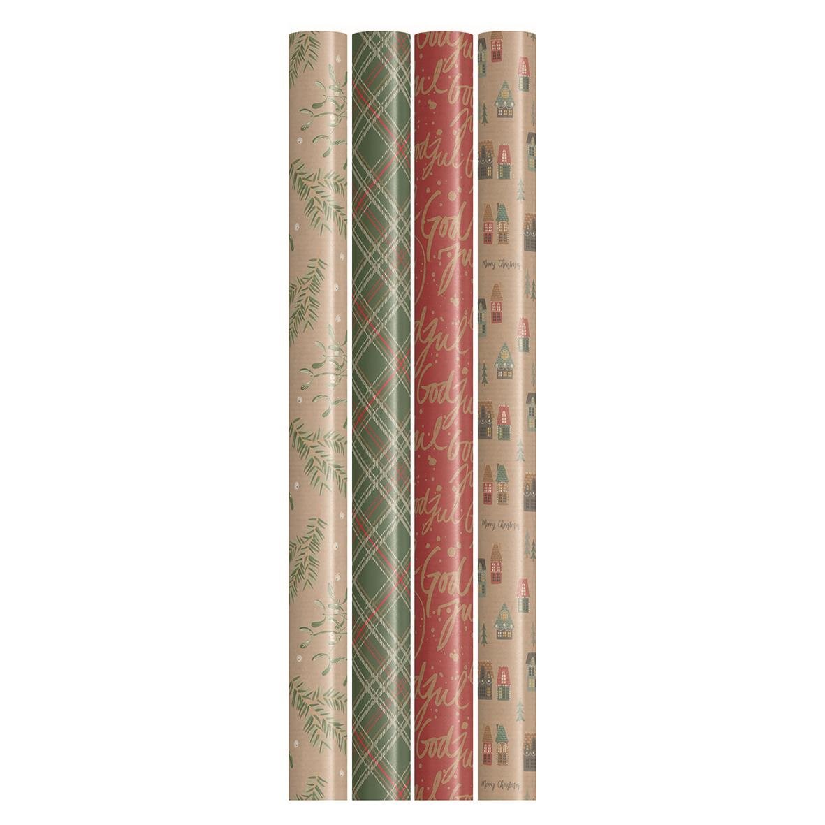 Julpapper Kraft Mix med olika juliga mönster i grönt, rött och beige