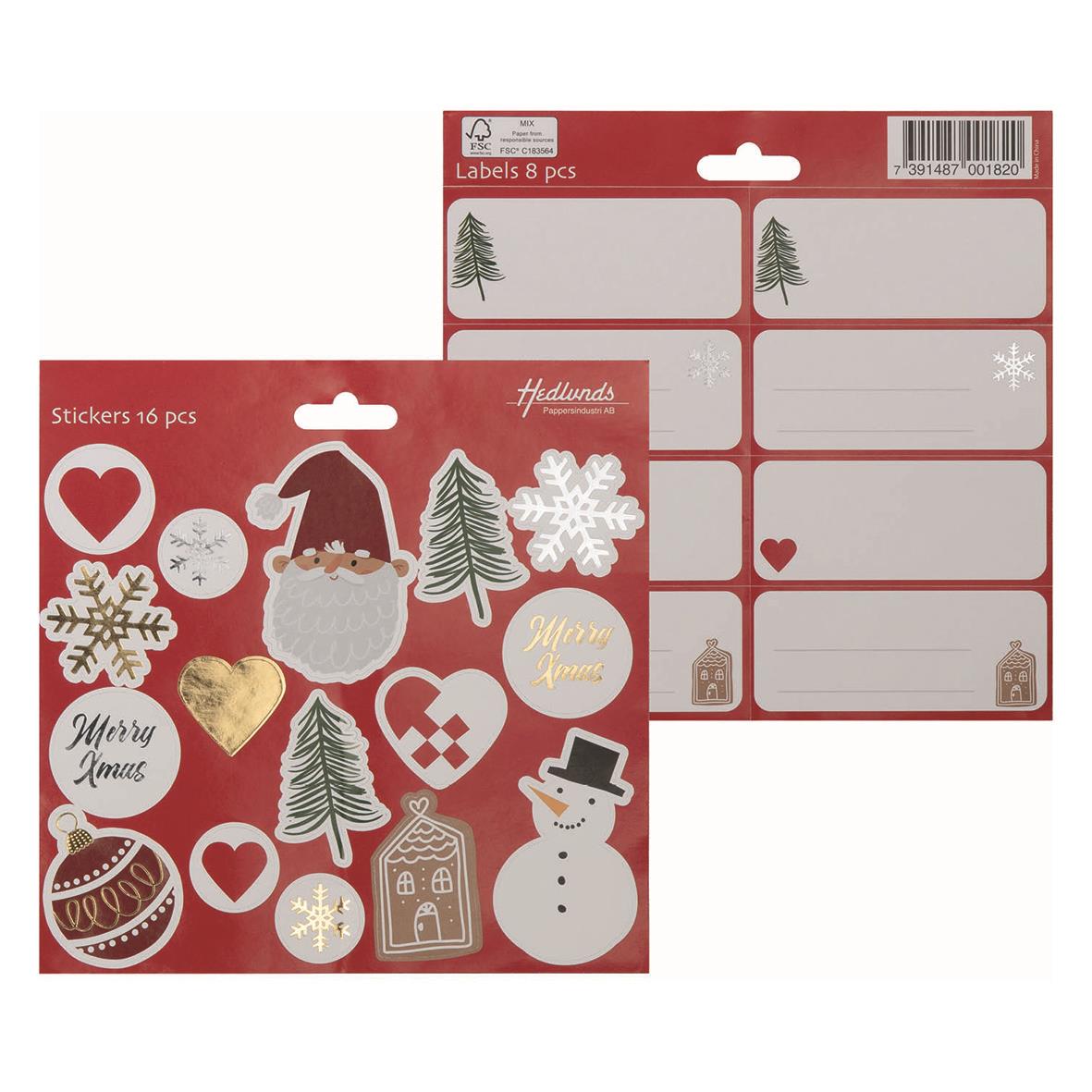 Julstickers med tomte, snögubbe, julgranar, hjärtan och julmotiv på röd bakgrund