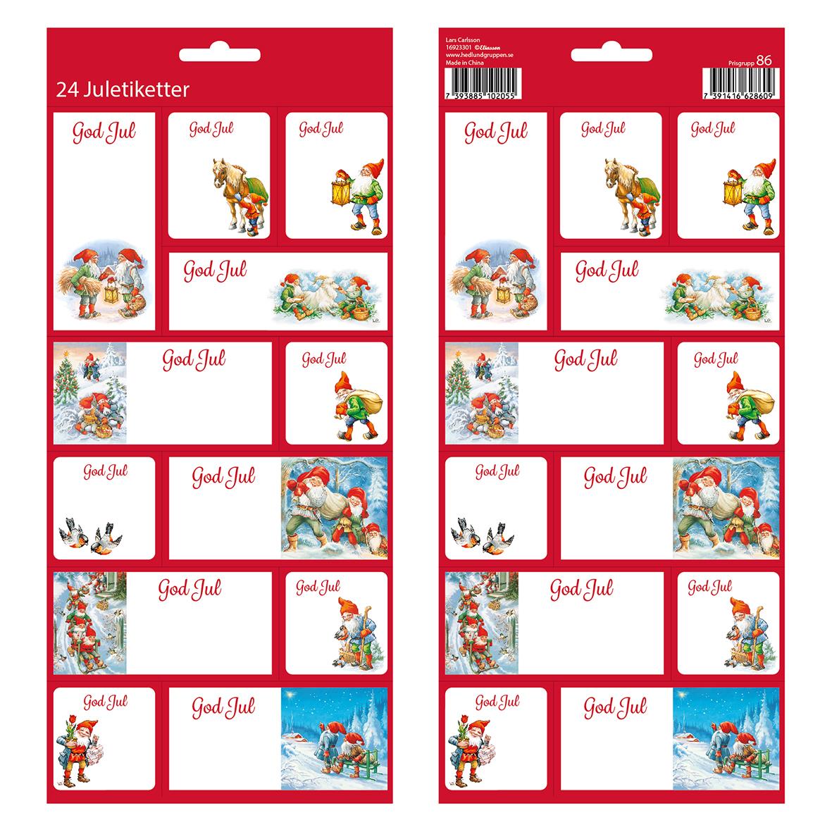 Ark med olika julmotiv och storlekar på juletiketter med tomtar, renar och julklappar