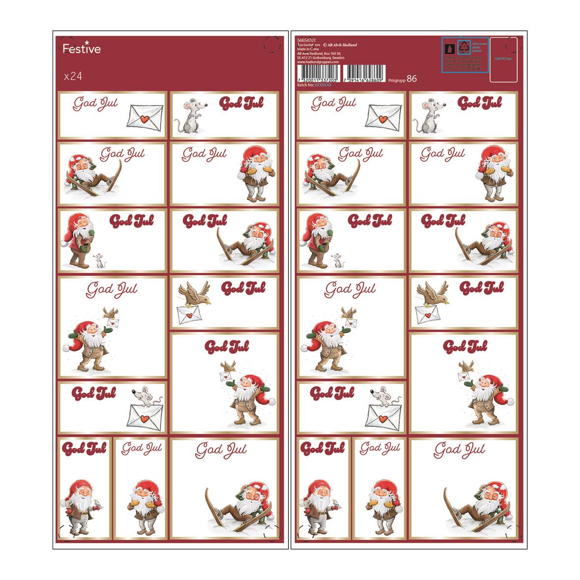 Ark med julmotiv och olika storlekar på juletiketter med tomtar, renar och julhälsningar