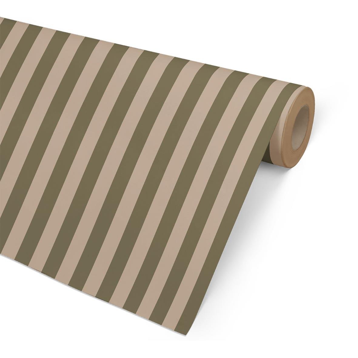 Presentpapper med randig brun och olivgrön design, 57cm bred, 154m lång, vikt 7kg