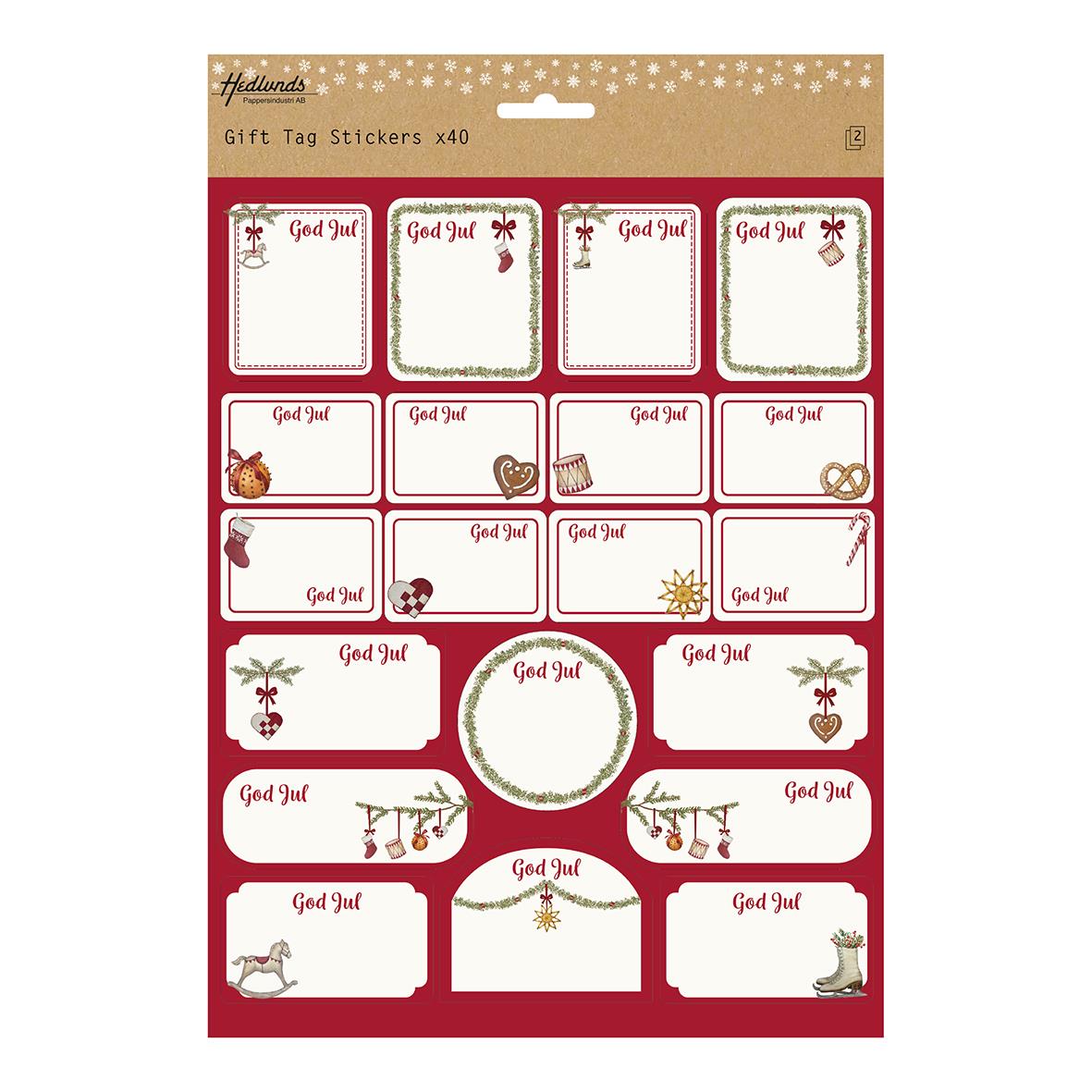 Ark med 40 julklappsetiketter i skandinavisk design med God Jul och julmotiv