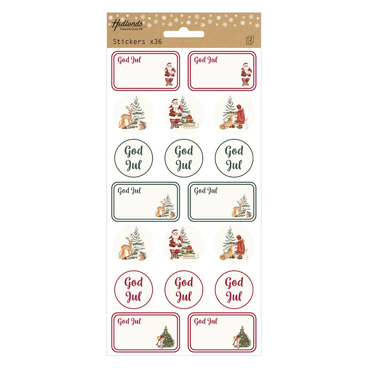 Ark med 36 juletiketter med God Jul, tomtar, julgranar och julmotiv i rött och grönt