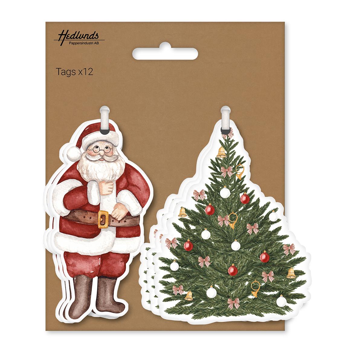 Hängetiketter med tomte och julgran, 12 stycken