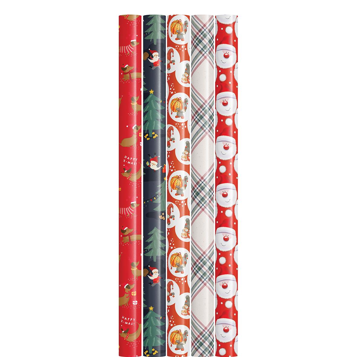 Julpapper med olika julmotiv i rött, grönt, vitt och svart, 70 cm bred och 10 meter lång, FSC-märkt