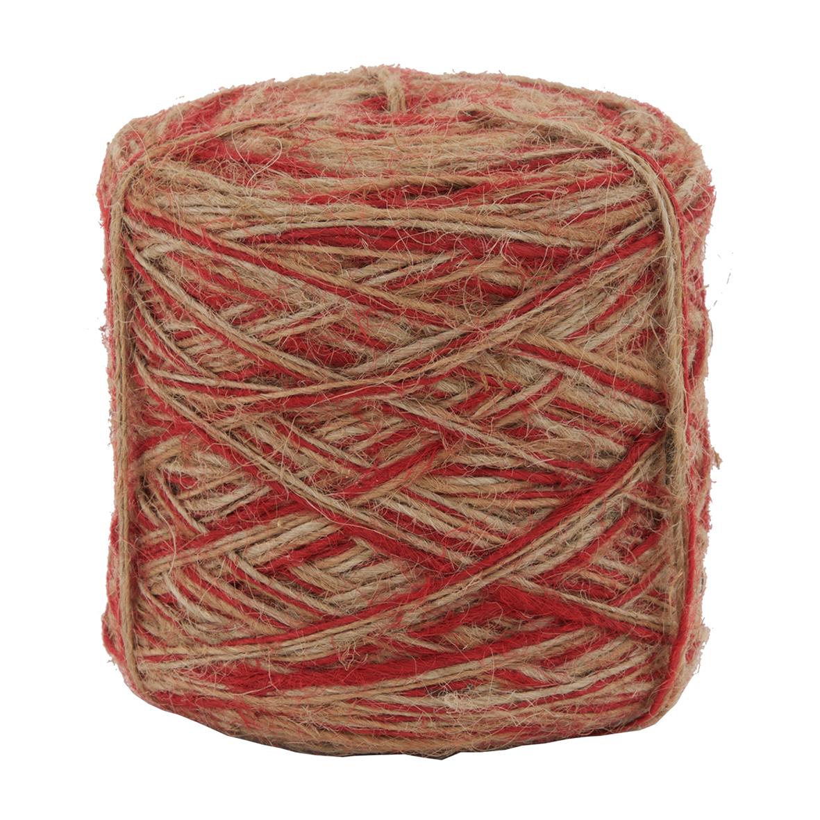 Röd och melerad presentbandrulle av jute, 166 meter lång