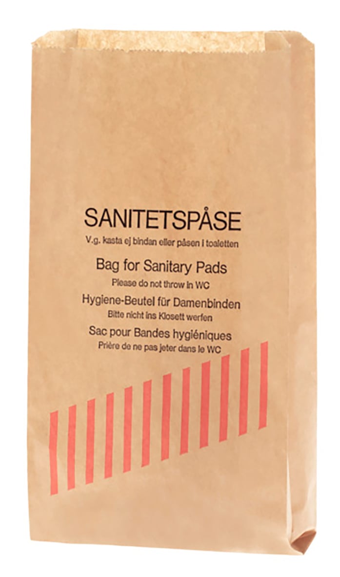 Papperspåse för sanitetspads med röda diagonala streck, storlek 120x90x275mm