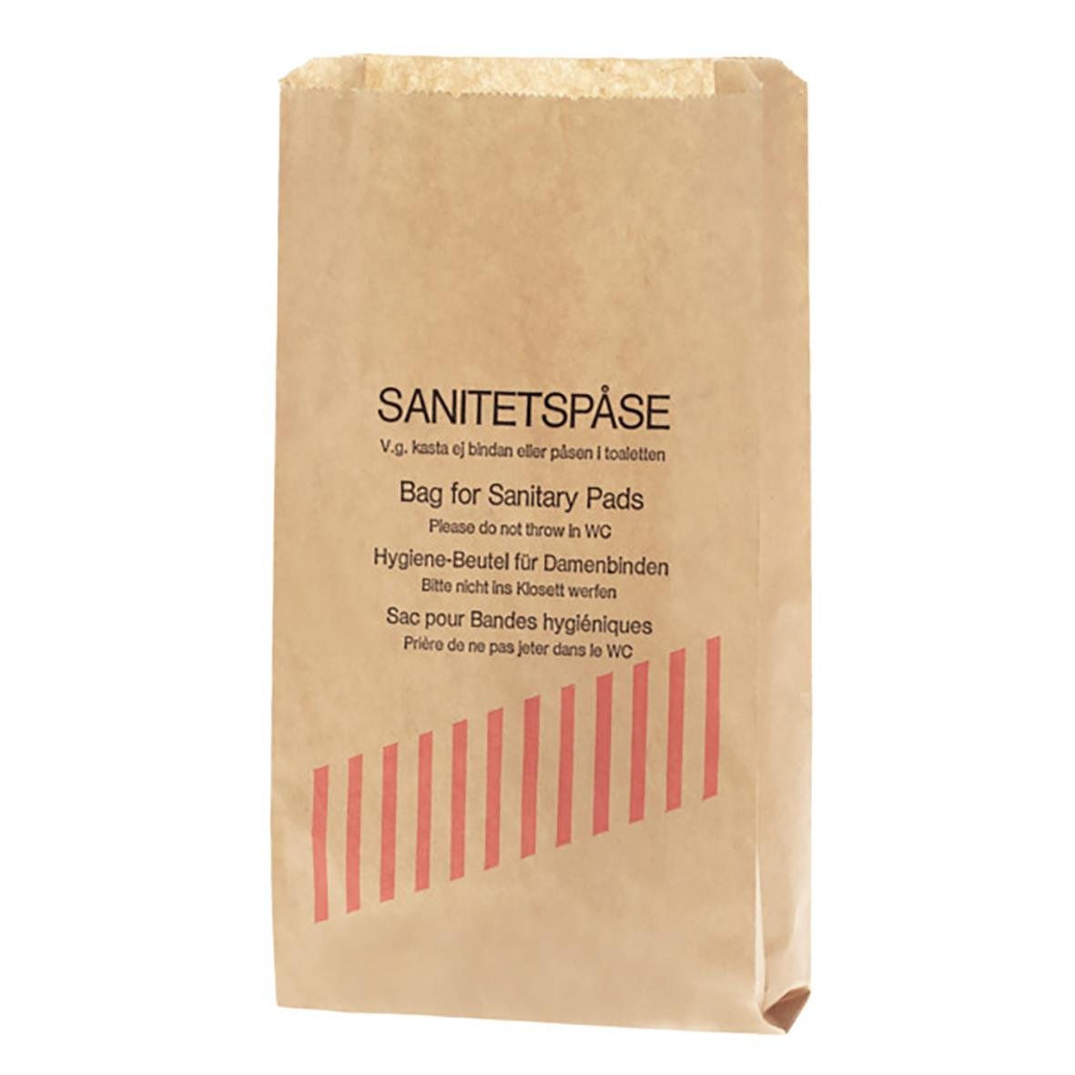 Papperspåse för sanitetspads med röda diagonala streck, storlek 120x90x275mm