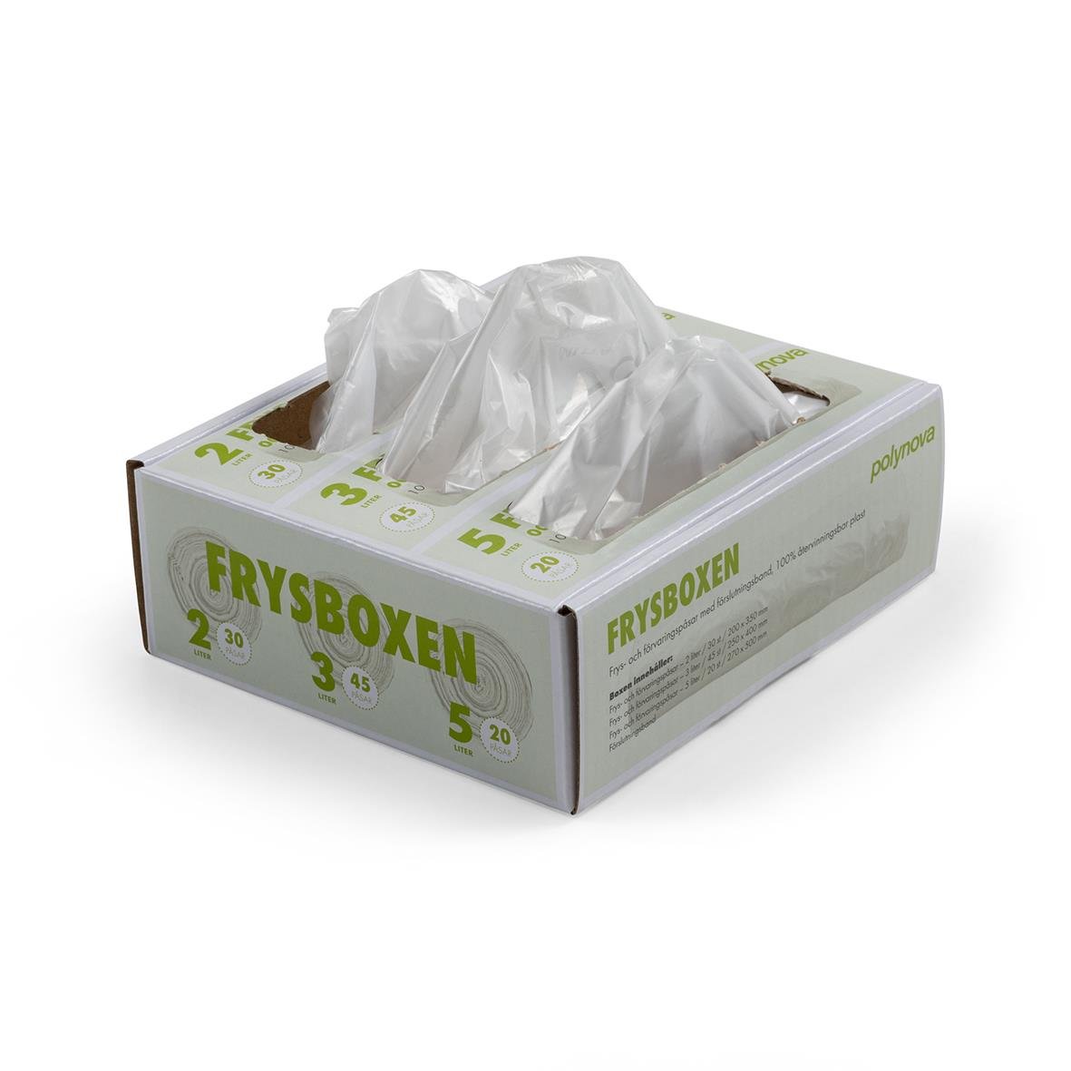 Frysbox med transparenta fryspåsar i olika storlekar, 30st 2L, 45st 3L och 20st 5L