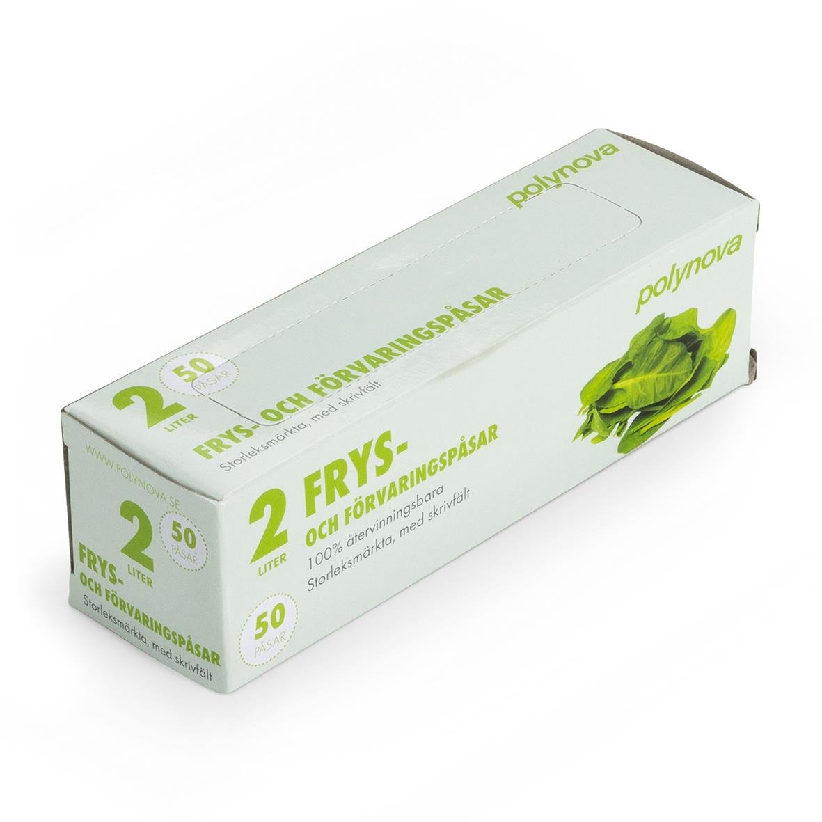 Transparent fryspåse HD 2L i förpackning med gröna blad och text