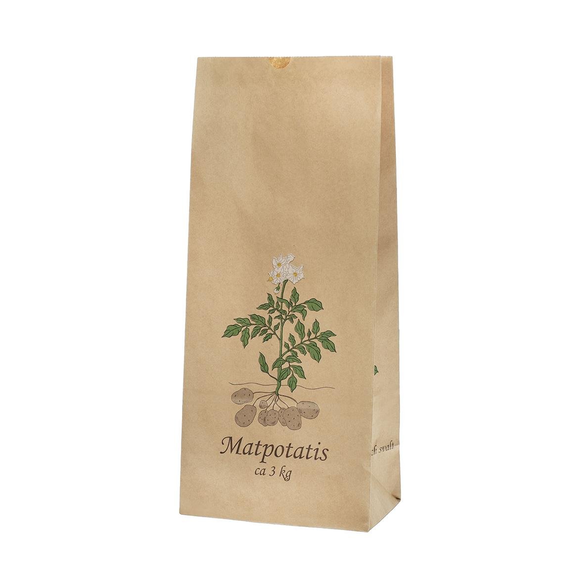 Brun papperspåse med bild av potatis och text Matpotatis ca 3 kg