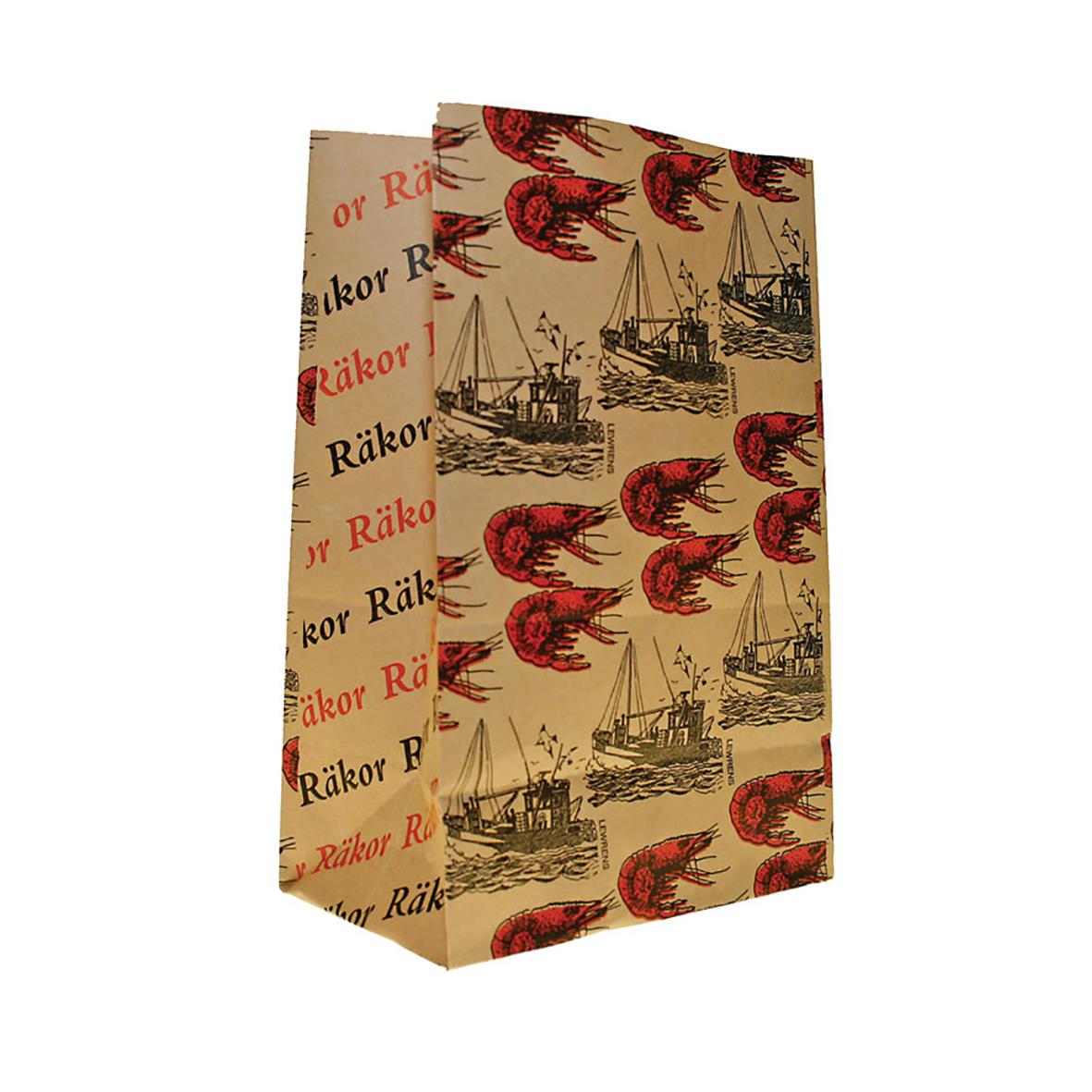 Räkpåse av papper, 0,5 kg, 160x90x230 mm, med räkor och båtar på designen