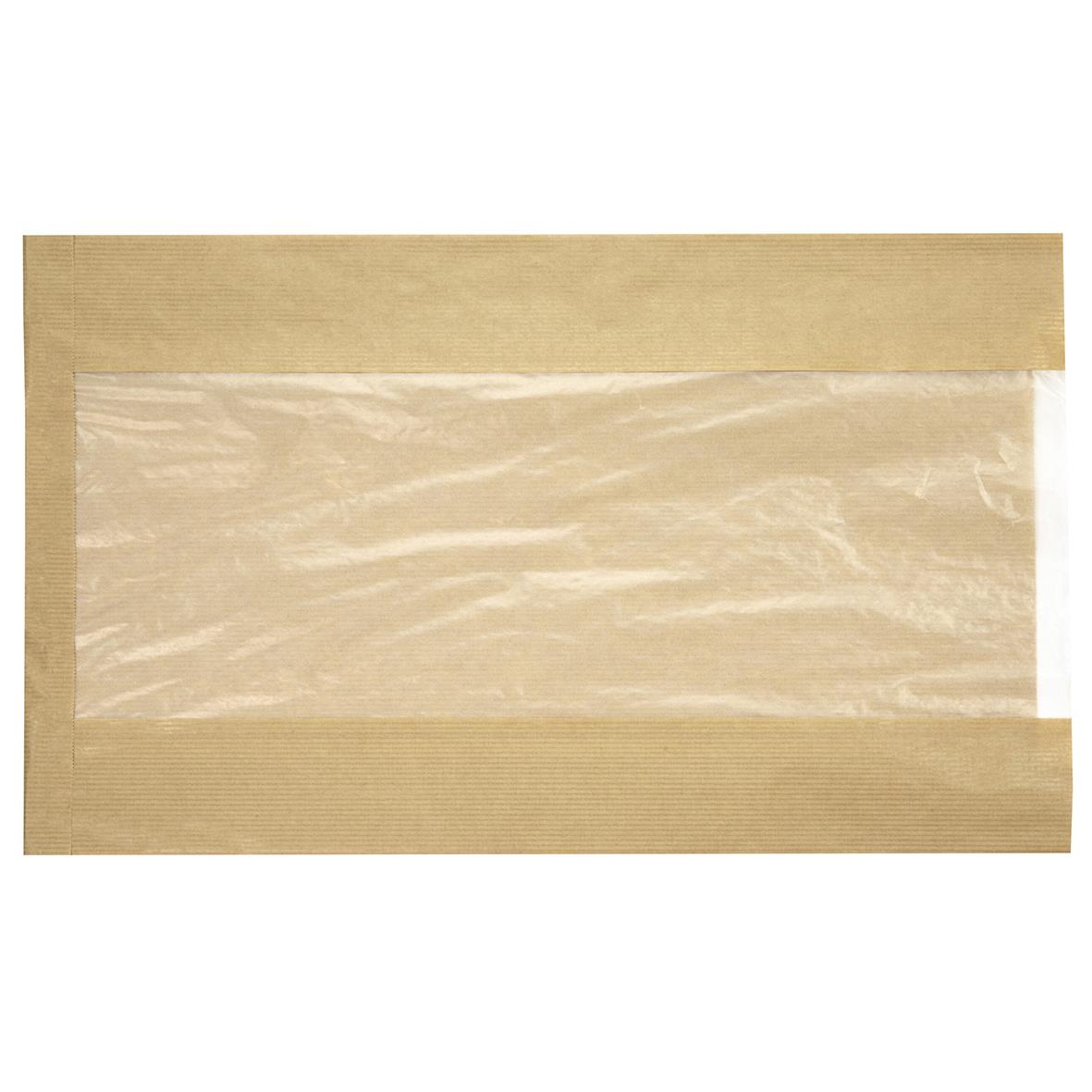 Brun papperspåse med plastfönster och plan design, mått 270x75x450mm