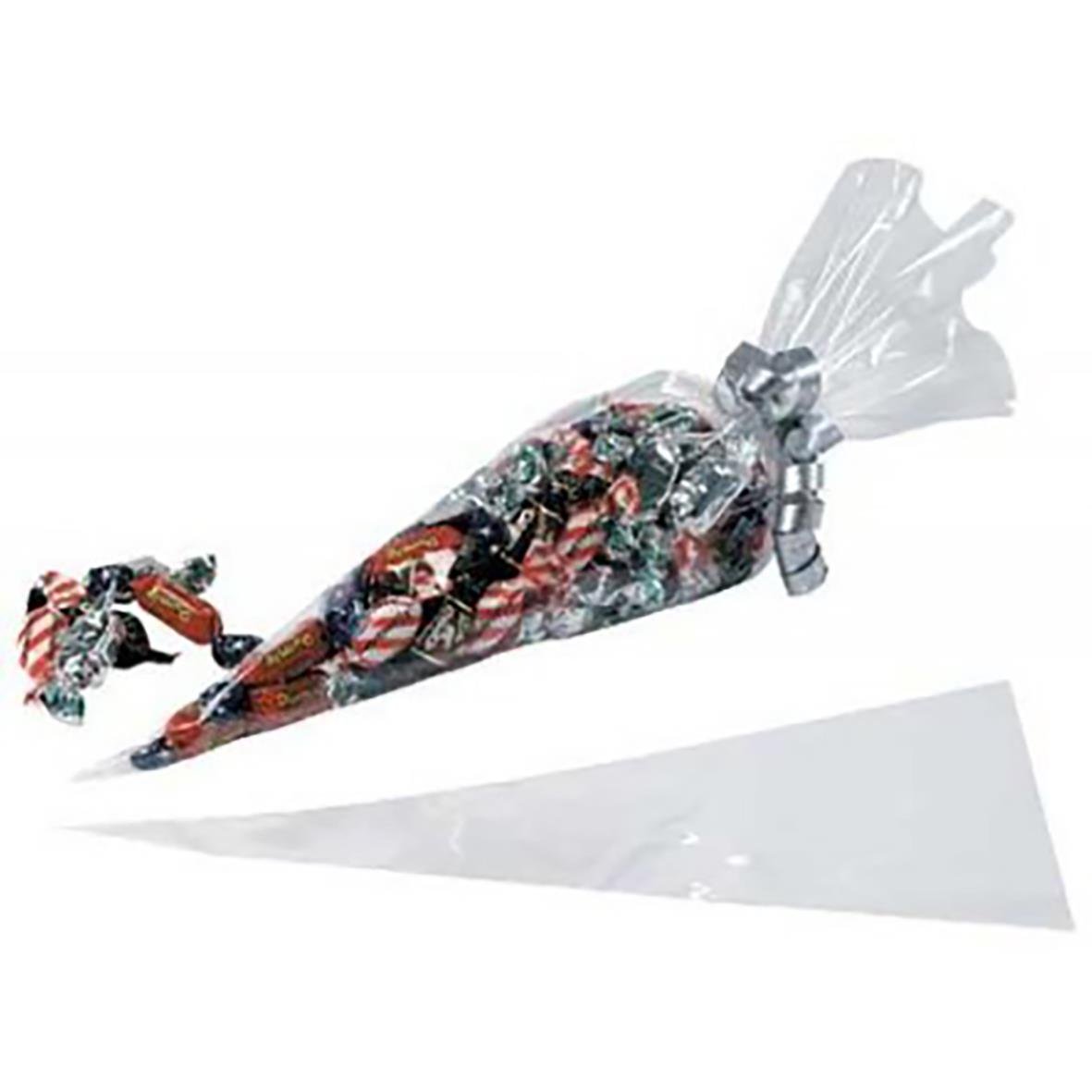 Cellofanstrut 370mm med godis och dekorativa band i en plastpåse