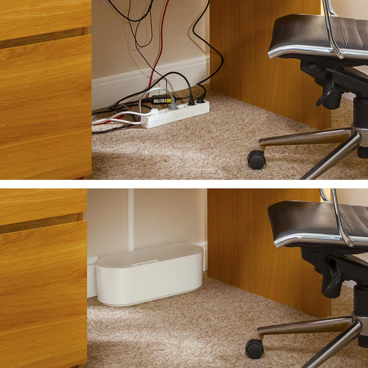 Vit kabelbox D-LINE under skrivbordet, organiserar kablar och sladdar