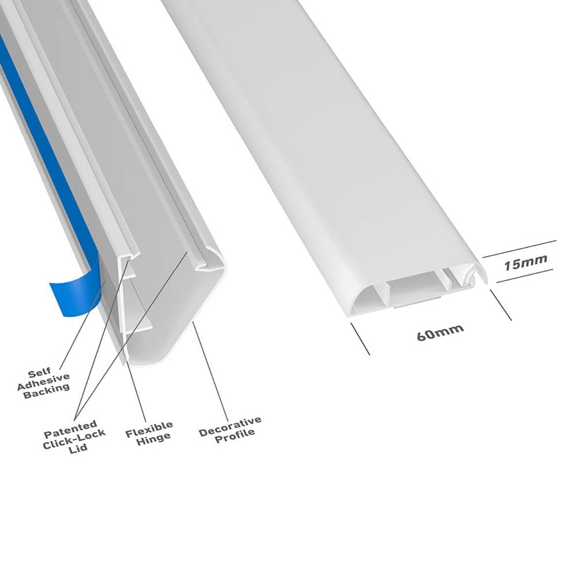 Vit kabelkanal D-LINE 60x15cm, 1 meter, med flexibla gångar och dekorativ profil