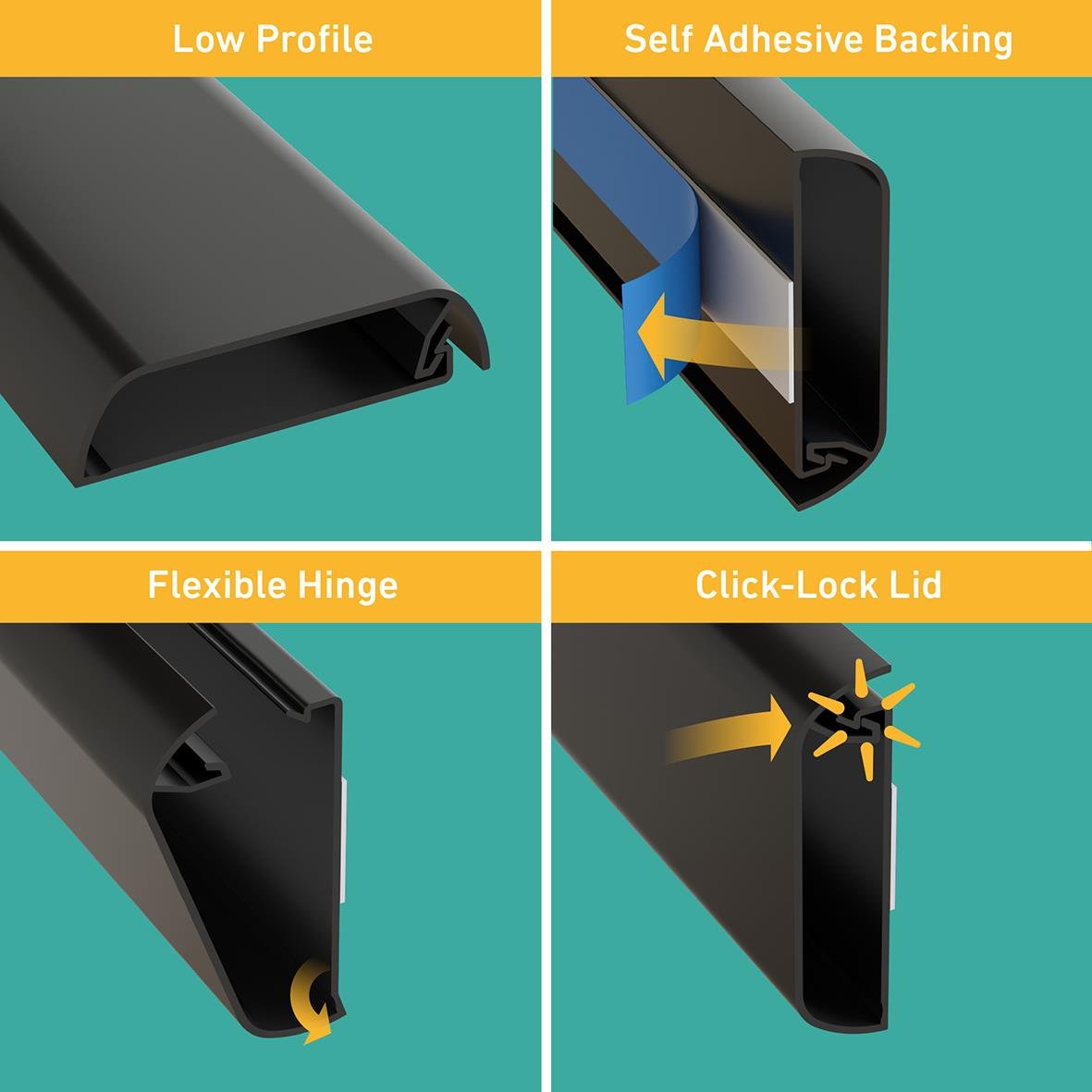 Svart kabelkanal D-LINE 60x15cm, 1m, med klick-lock lock, flexibel gång, låg profil och självhäftande bakgrund