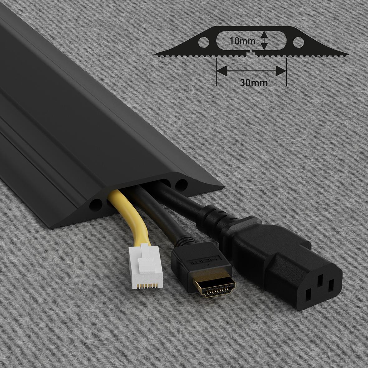 Kabelkanal D-LINE Golv PVC Pro Svart 1,8m med kabelutgångar och mått på 10mm och 30mm