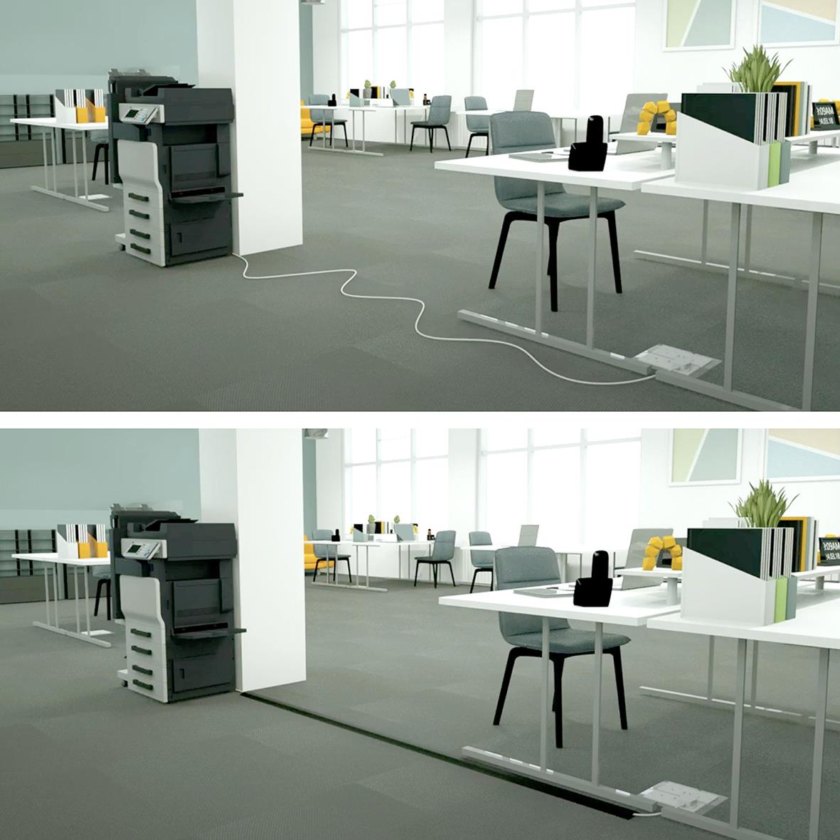 Kontorsmiljö med kabelkanal D-LINE Golv PVC Pro Svart 1,8m under skrivbord och längs golvet