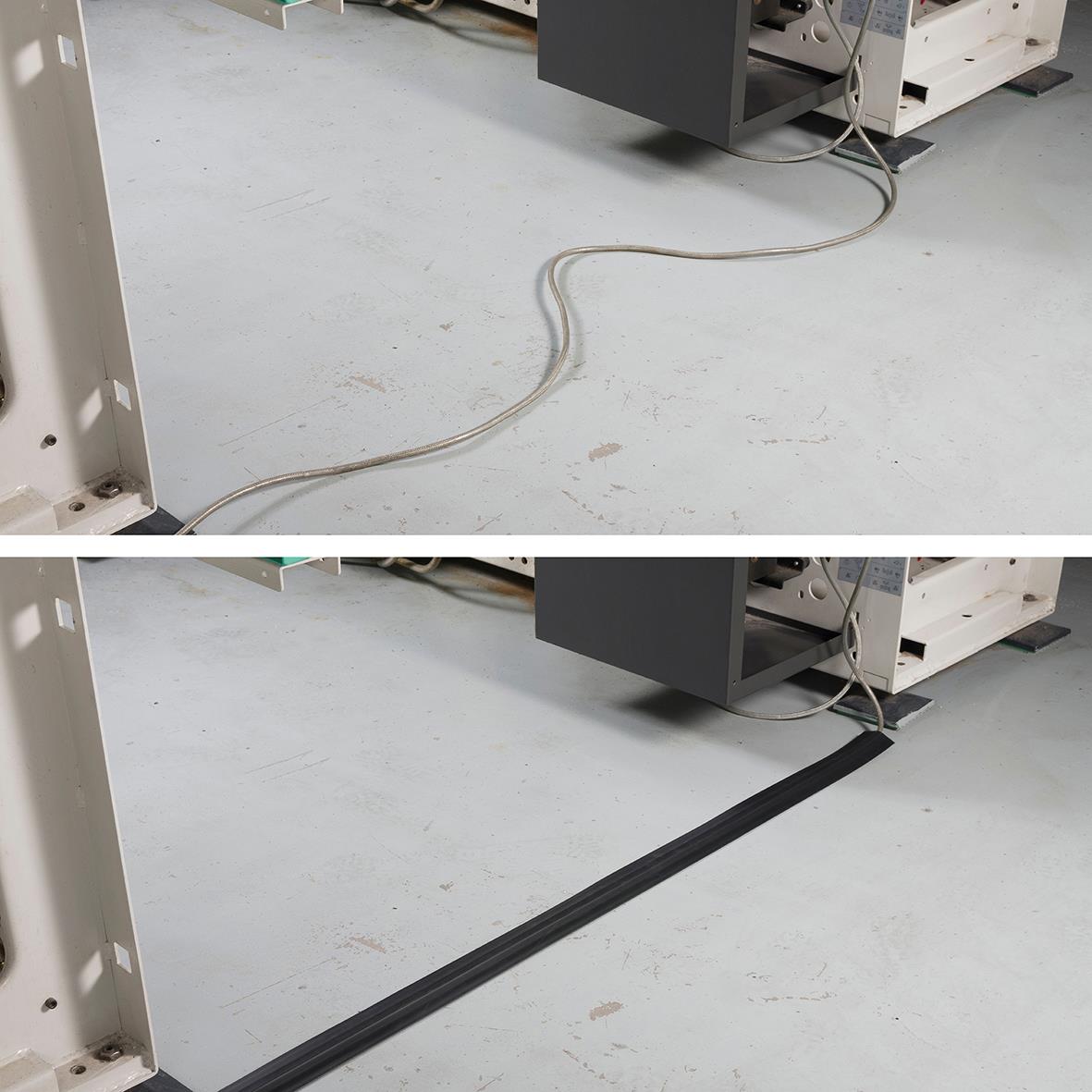 Kabelkanal D-LINE Golv PVC Pro Svart 1,8m på golvet, före och efter installation